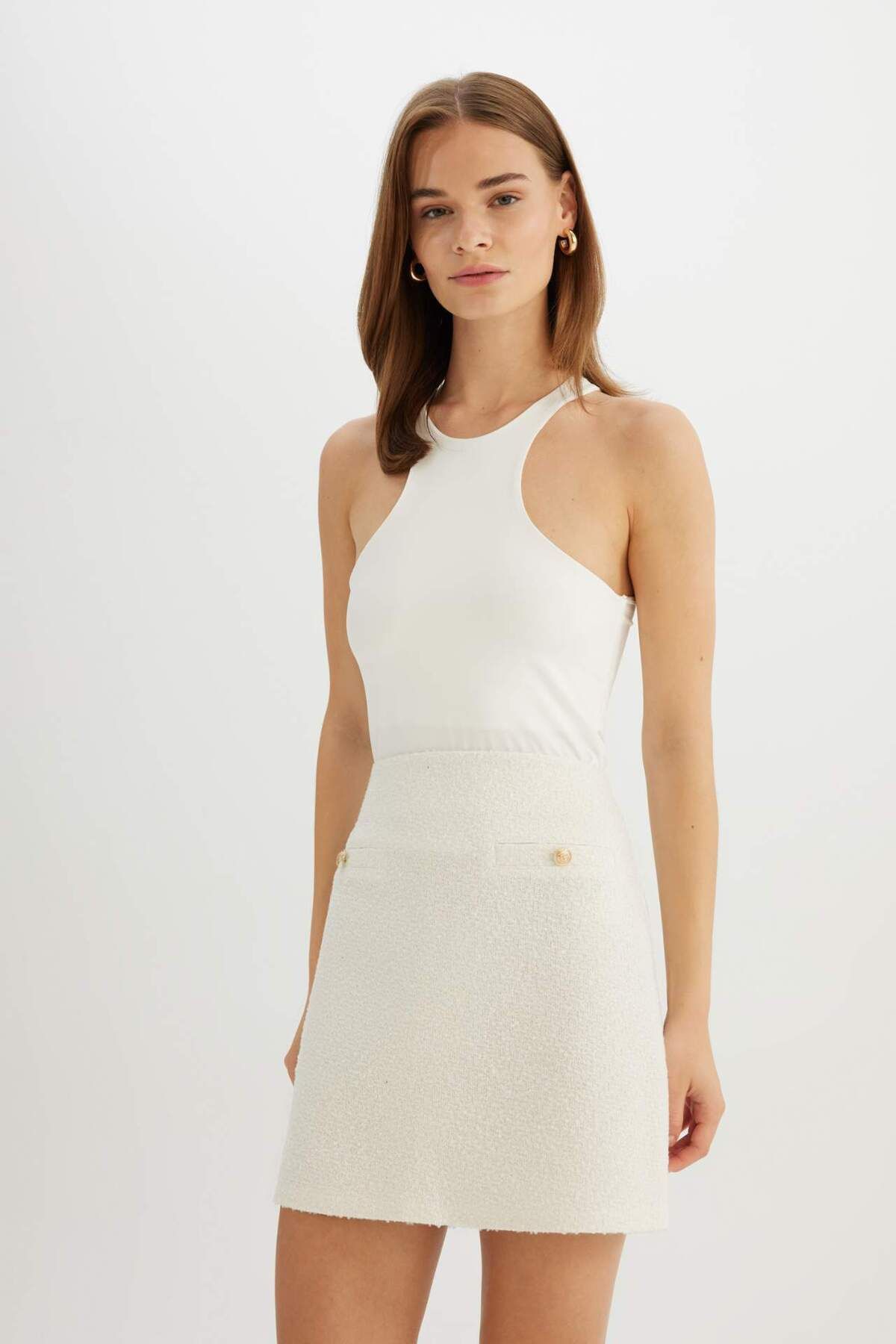 DeFacto-A-Line Basic Plain High Waist Button Detail Tweed Mini Skirt D3952Ax24Au 1