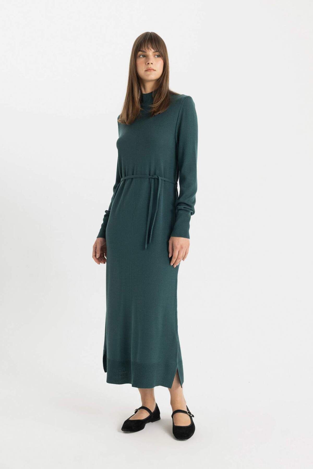 DeFacto-Regular Fit Halber Rollkragen Basic Plain Schlitz Langarm Maxi Strickkleid A9807AX24WN 3
