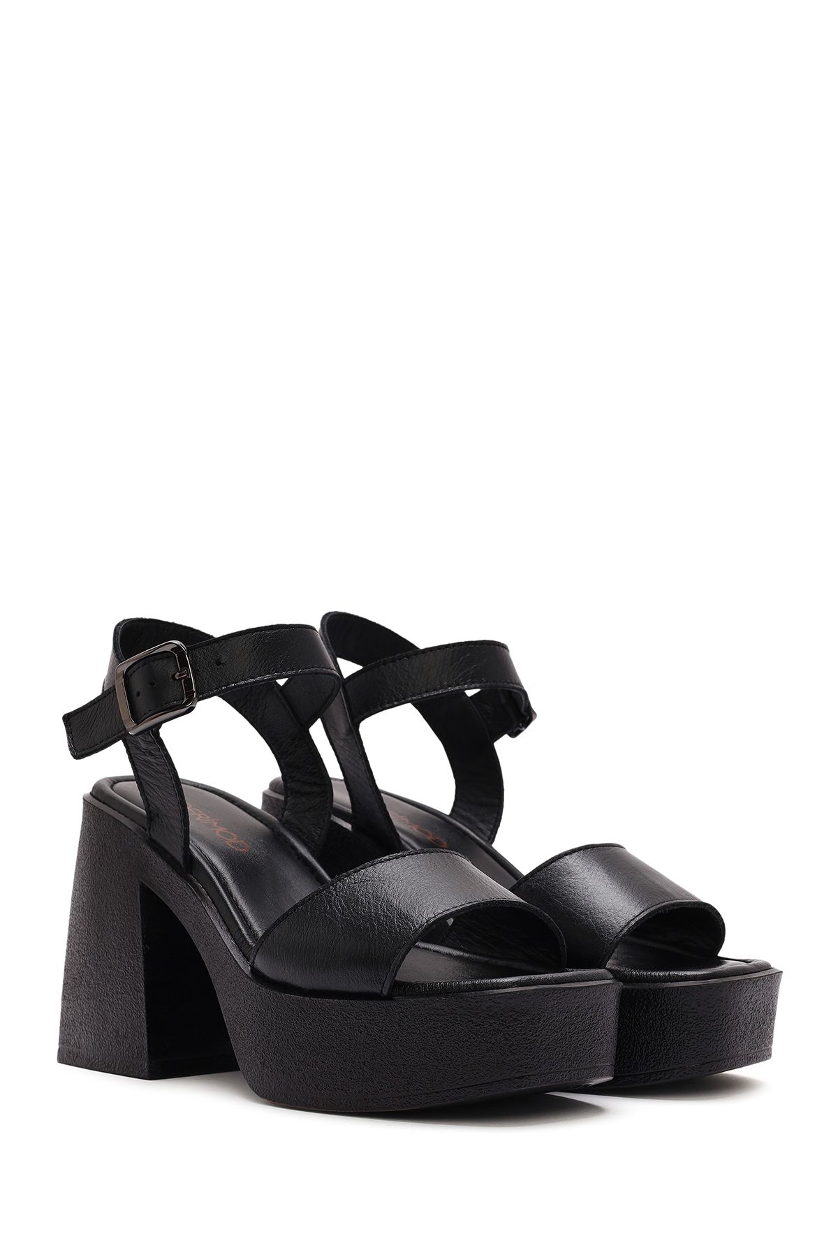 Derimod-Women's Black Ankle Buckle Platform Thick High Thick Heeled Leather Sandals 25Sfd131418 3