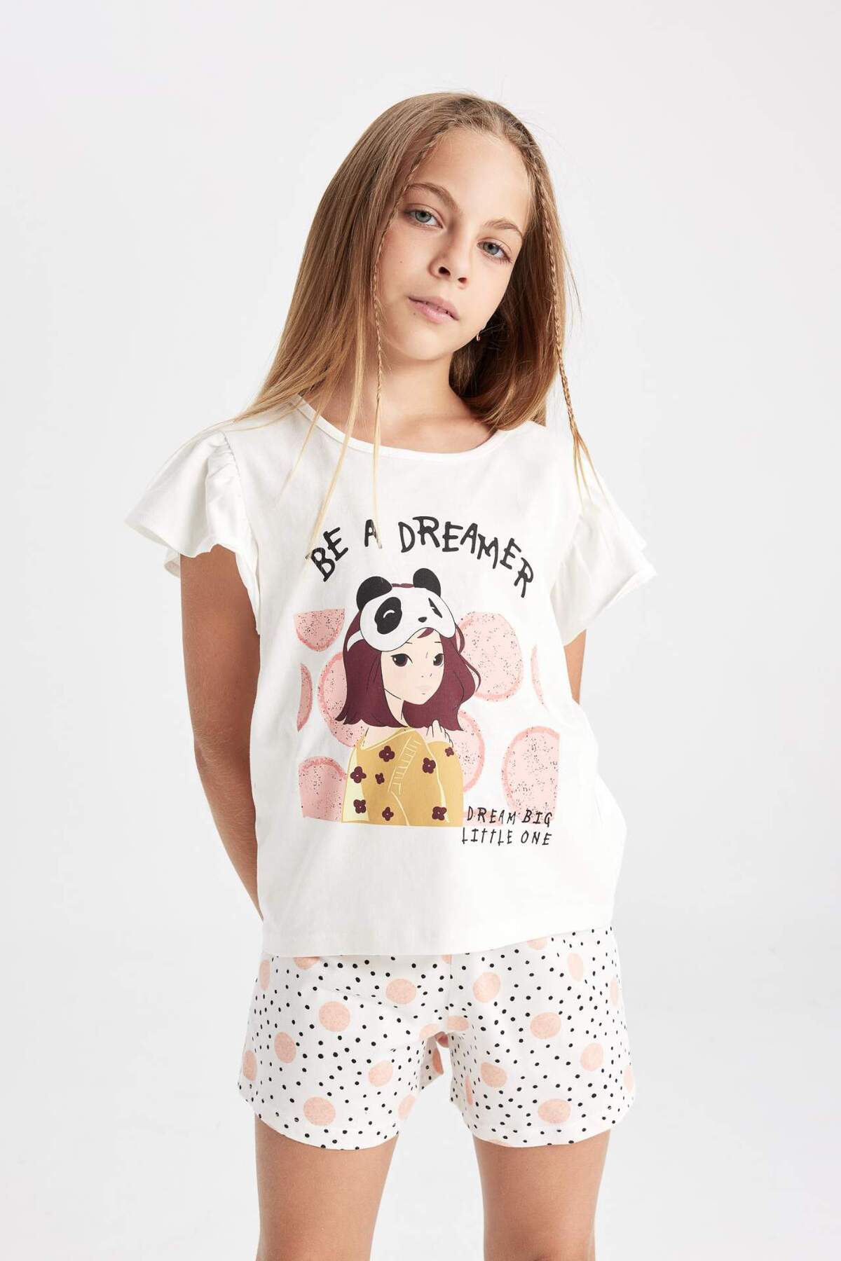 DeFacto-Dívčí pyžamo Set Crew Neck Potištěné Top Šortky s krátkým rukávem D2066A824SM 4