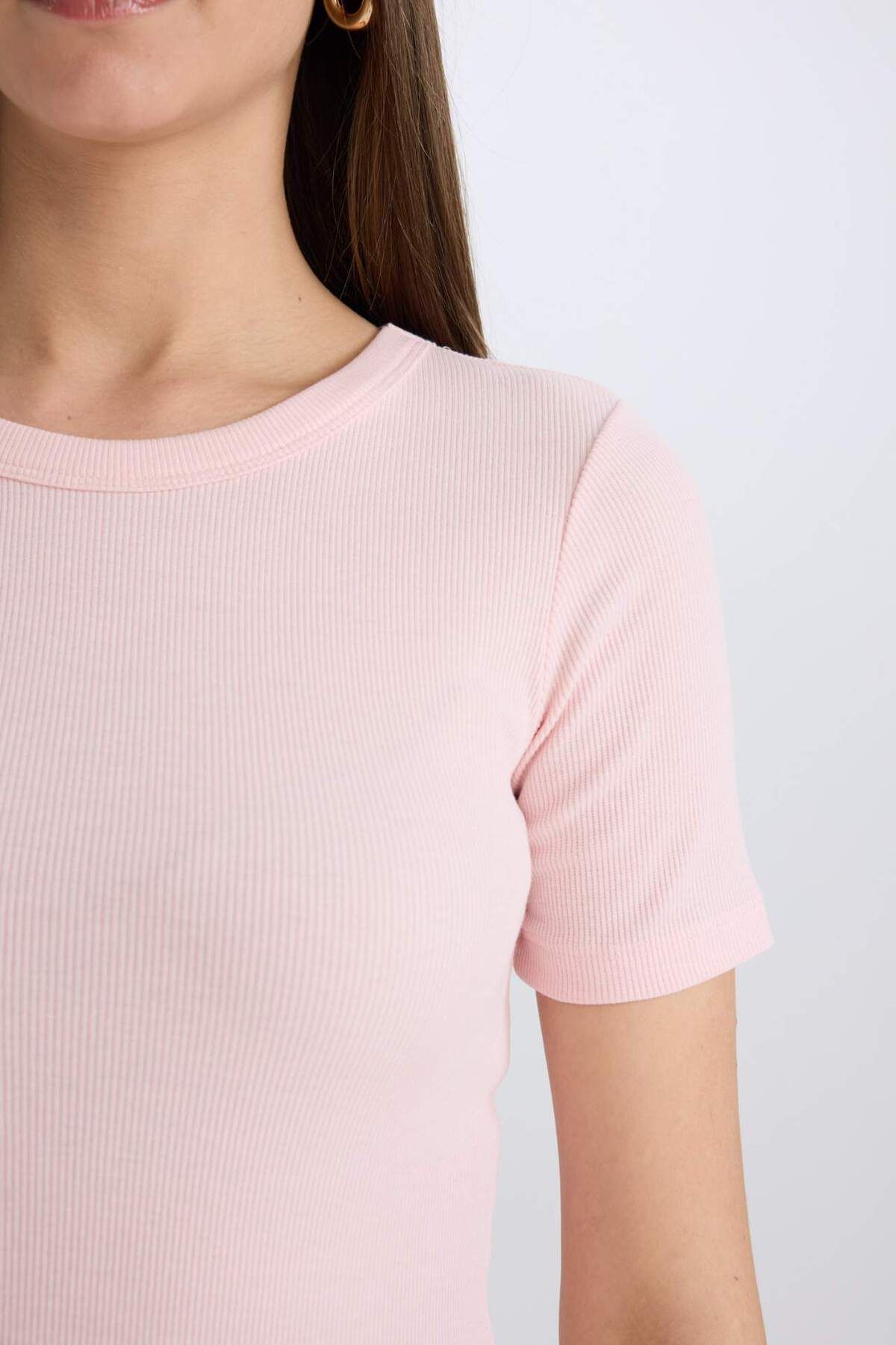 DeFacto-Slim Fit Crew Neck Keprová košile s krátkým rukávem C0097ax24sm 5