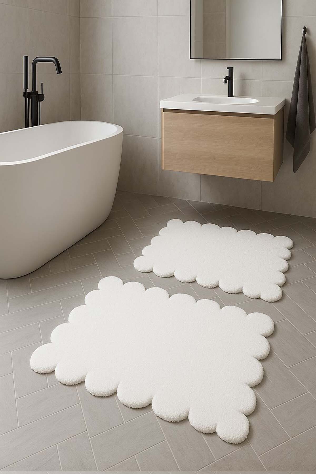 Laser Cut White Plush Carpet Bath Mat 2pcs