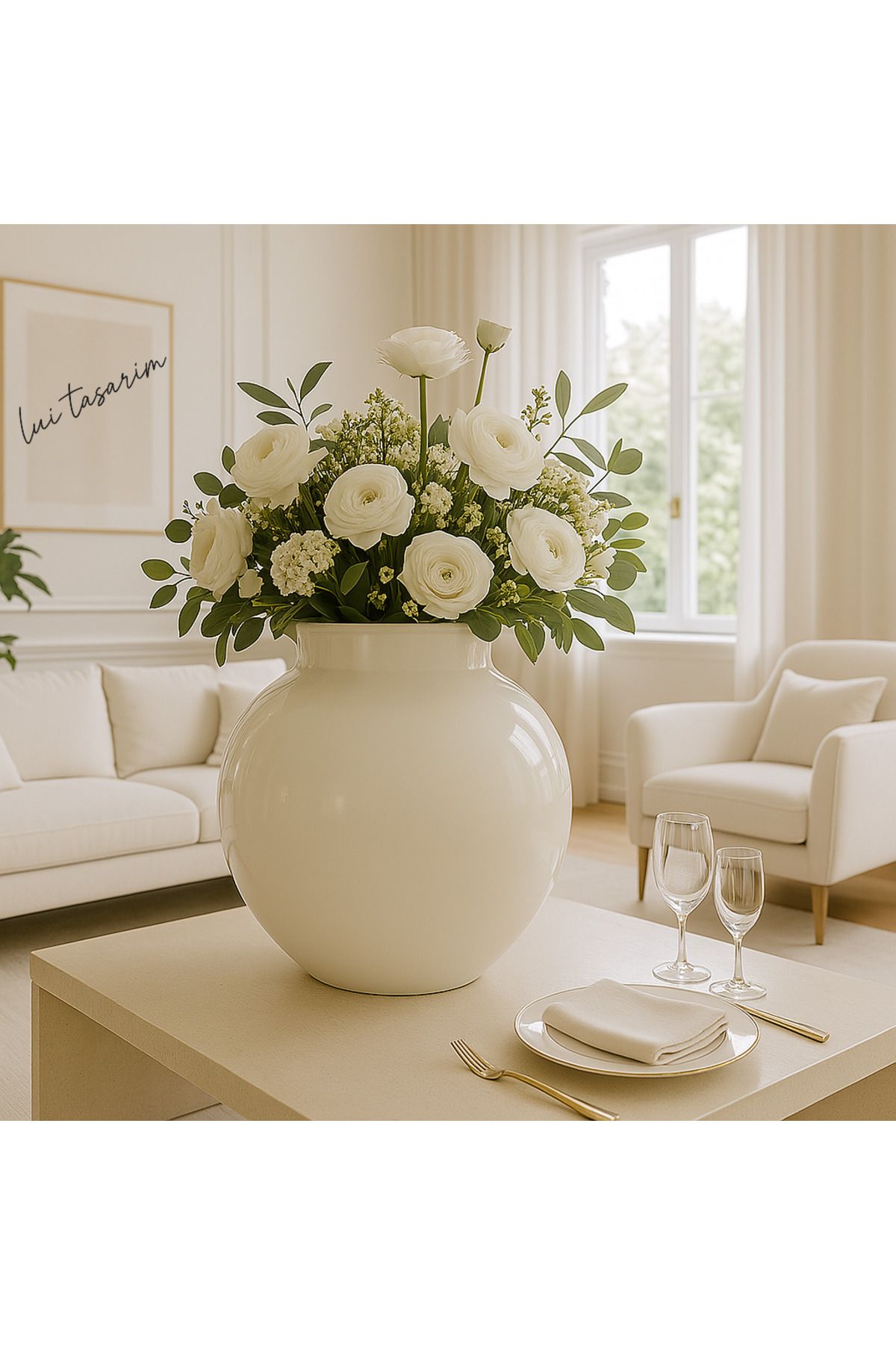 Lui Tasarım-Special Design Glass Modern Large XL Size Invitation Special Day Tables Simple Stylish Elegant White Vase 27*27*11 2