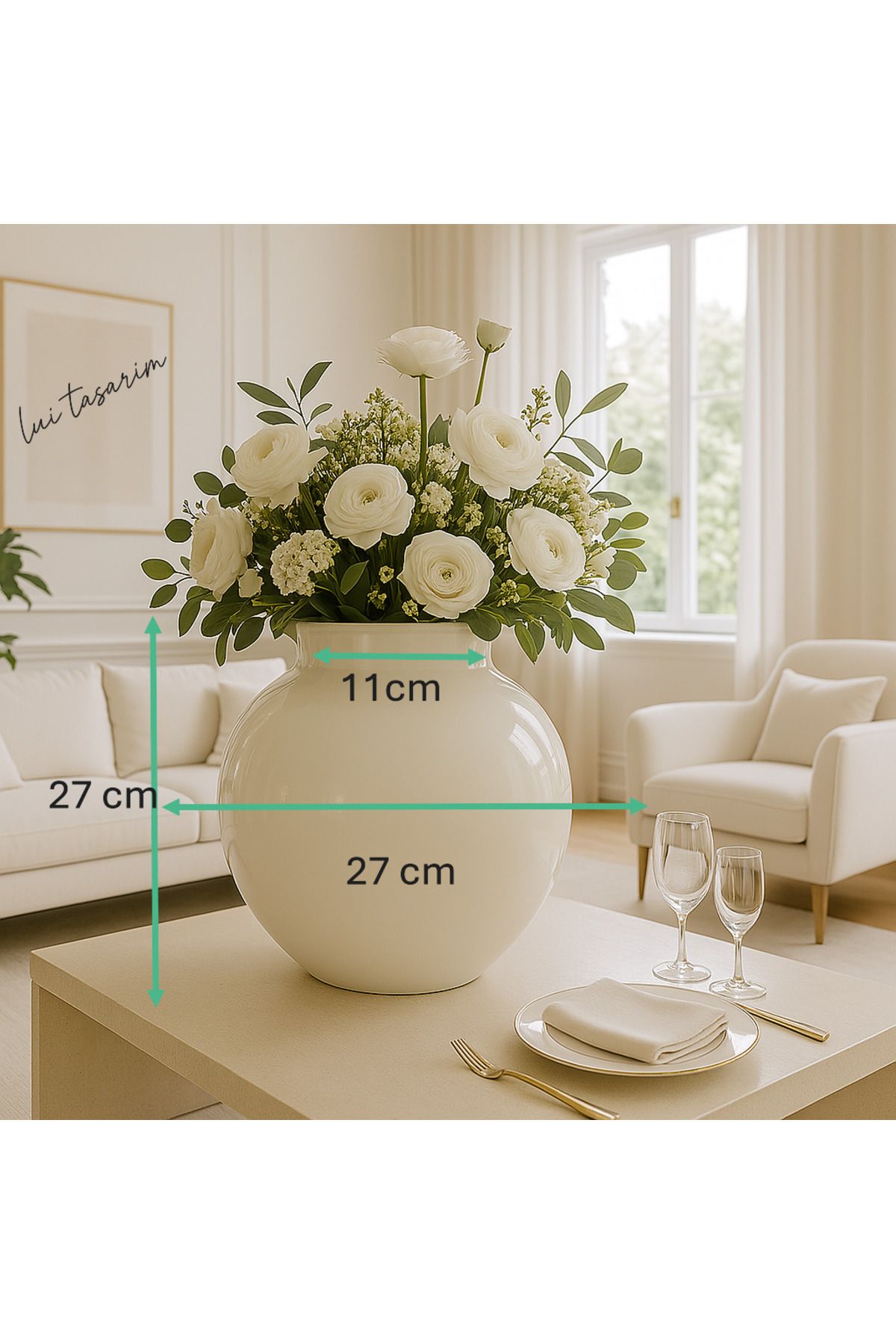 Lui Tasarım-Special Design Glass Modern Large XL Size Invitation Special Day Tables Simple Stylish Elegant White Vase 27*27*11 4