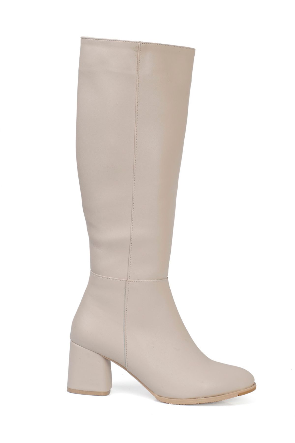 Capone Outfitters-Oval Toe Side Zipper Ecru Beige Heeled Women's Boots 4
