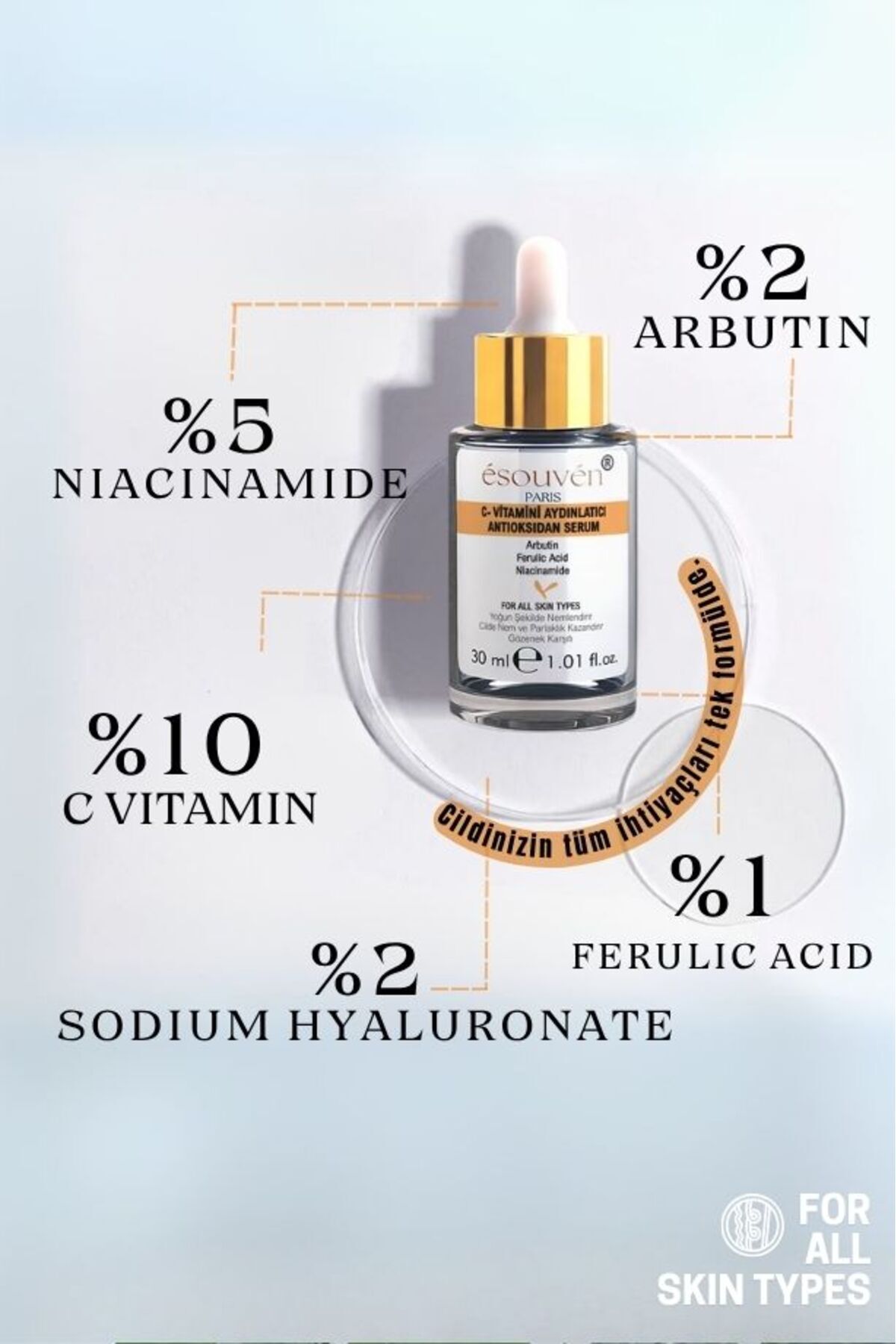 C-VİTAMİNİ NİACİNAMİDE&ARBUTİN&FERULİC ACİD AYDINLATICI- PARLATICI- TON EŞİTLEYİCİ-ANTİOKSİDAN SERUM — ESP-5024 — تصویر 2 از 7