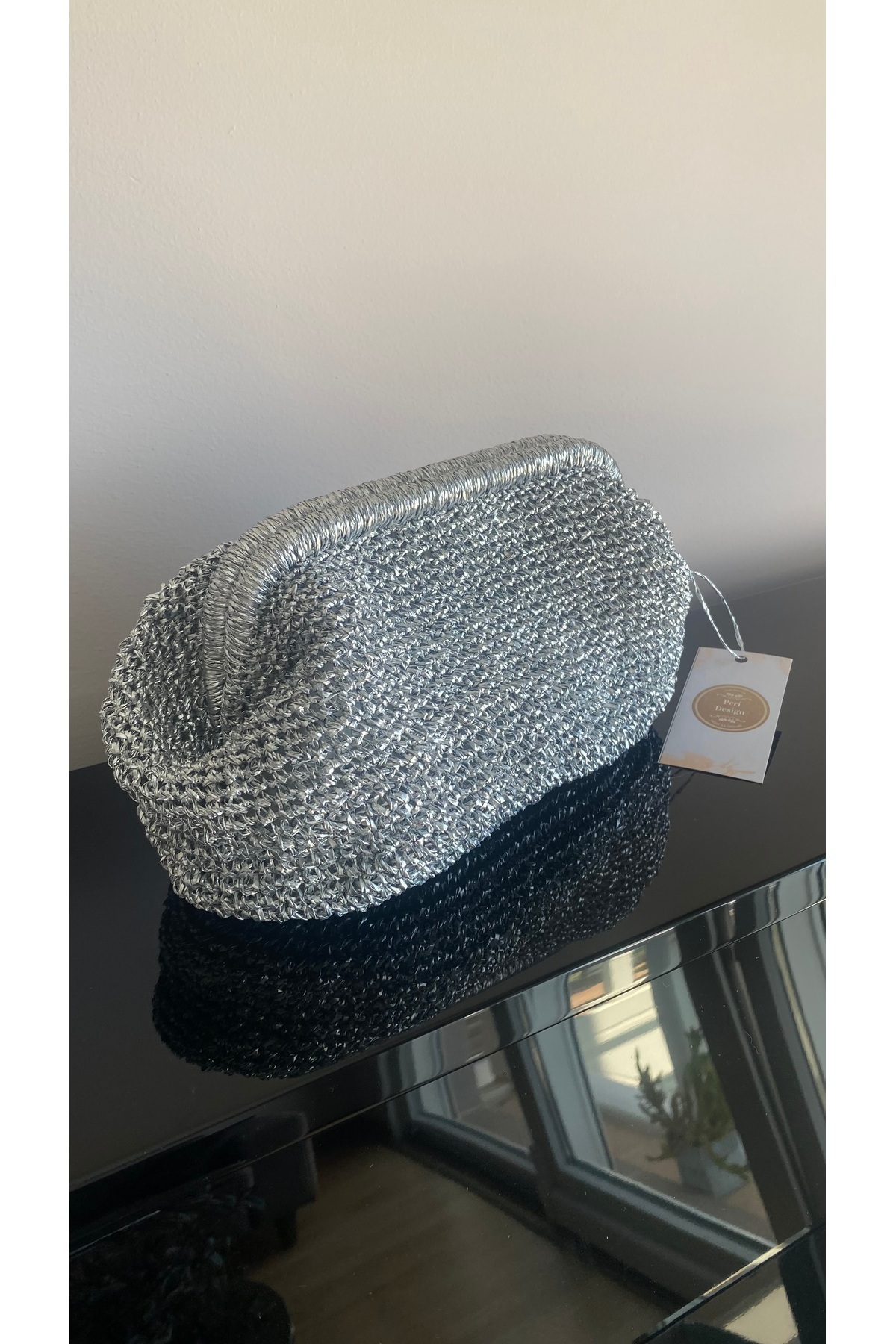 PeriStore Silver Gümüş Metalik Ip Örme Portföy Küçük boy Çanta 20x18cm Handmade