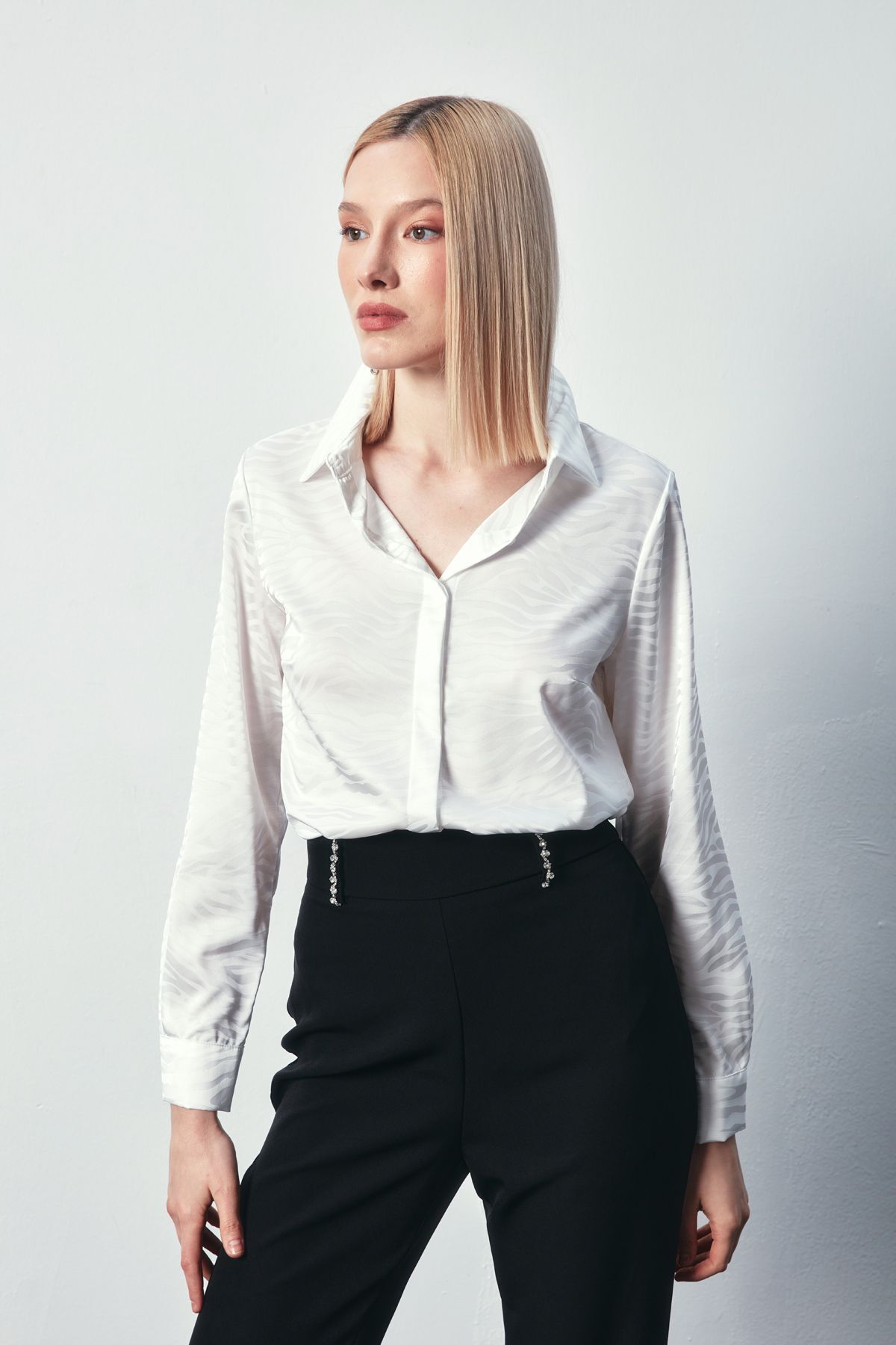 Sateen-Patterned Plain Classic Shirt - ECRU 6