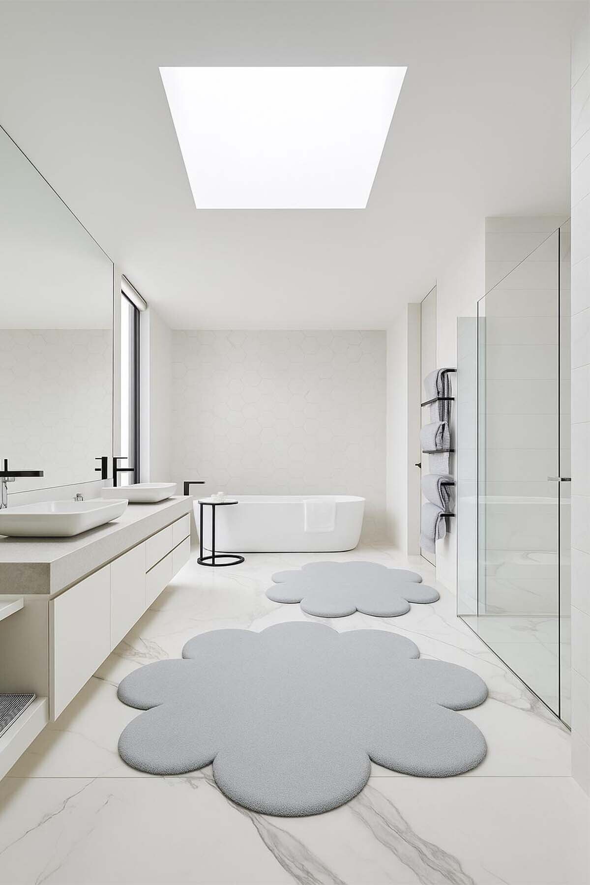 Balat Halı 2'li Açık Gri Banyo Halısı Peluş Post Halı Klozet Takımı 60x60(papatya) Ve 80x80(papatya)