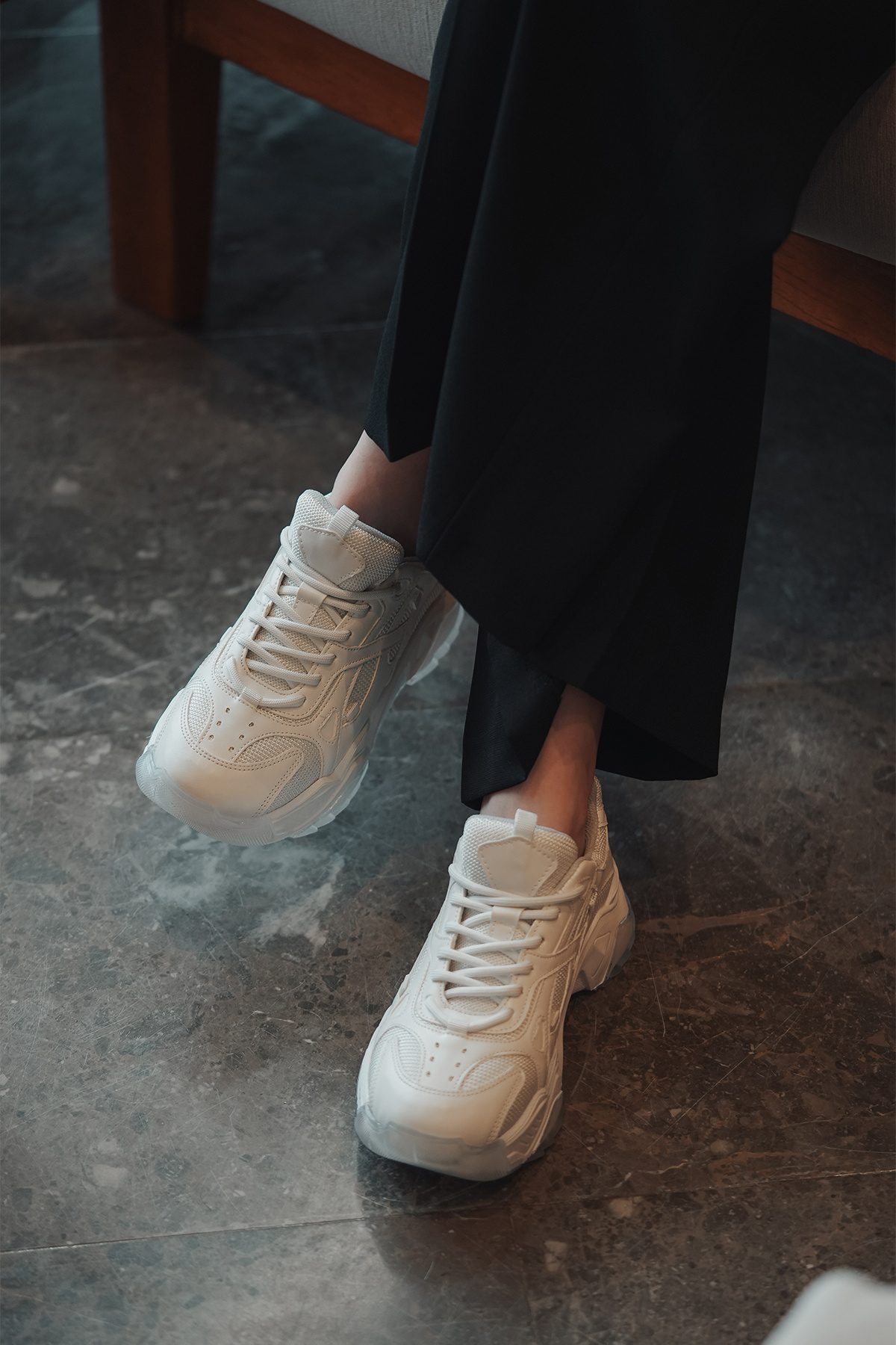 Marjin Kadın Sneaker Kalın Taban Bağcıklı Spor Ayakkabı Pizen Beyaz görsel 6