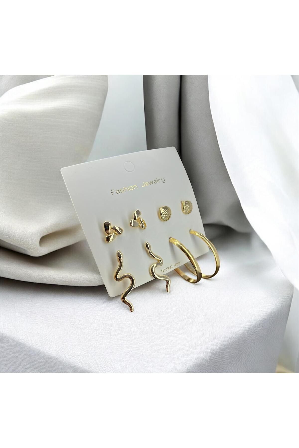Candy-4 Pairs of Gold Plated Earrings with Seashell, Snake, Hoop, Triangle Pattern 1