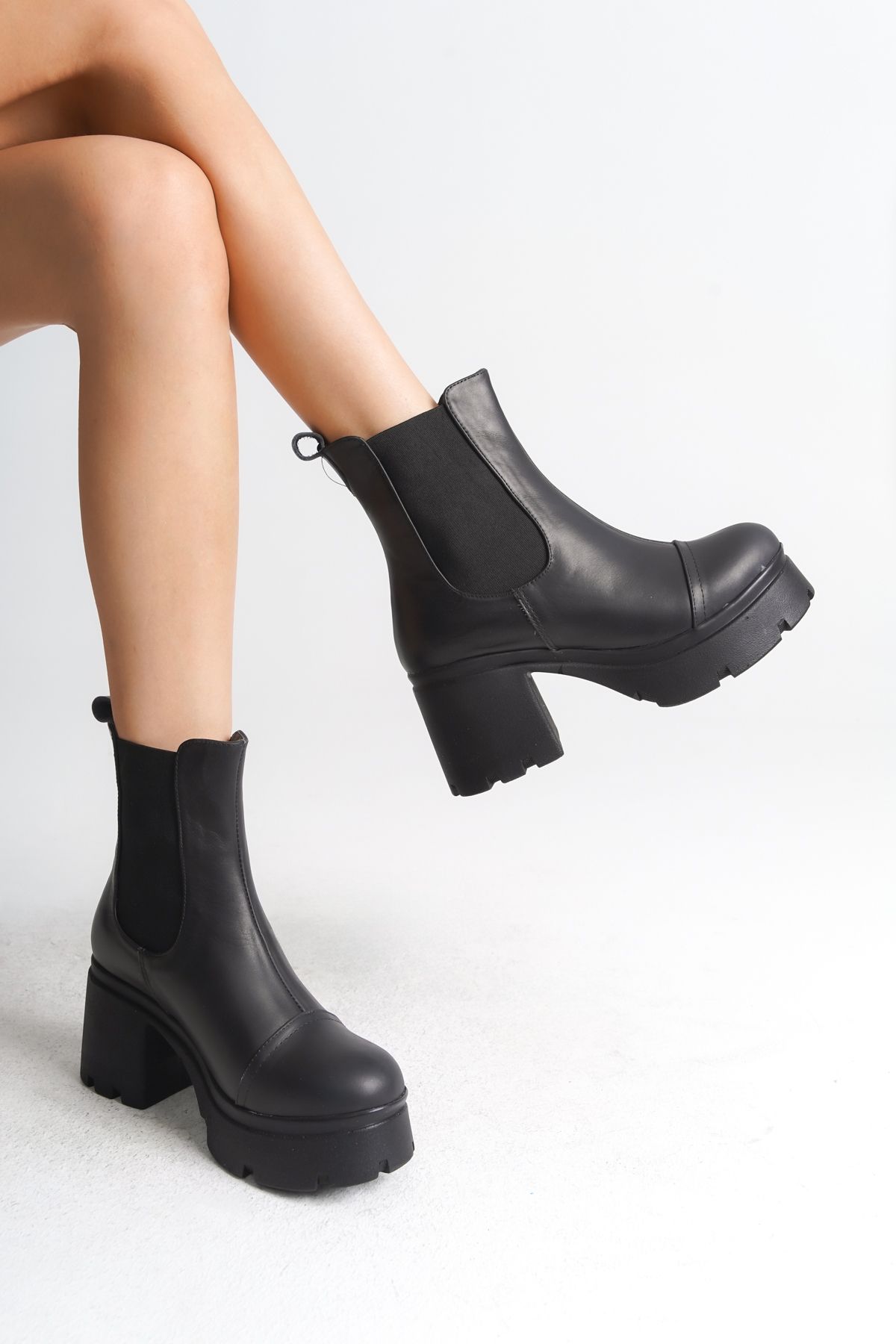 Capone Outfitters-Δερμάτινες γυναικείες μπότες με ψηλή σόλα στο πλάι ελαστικό 4