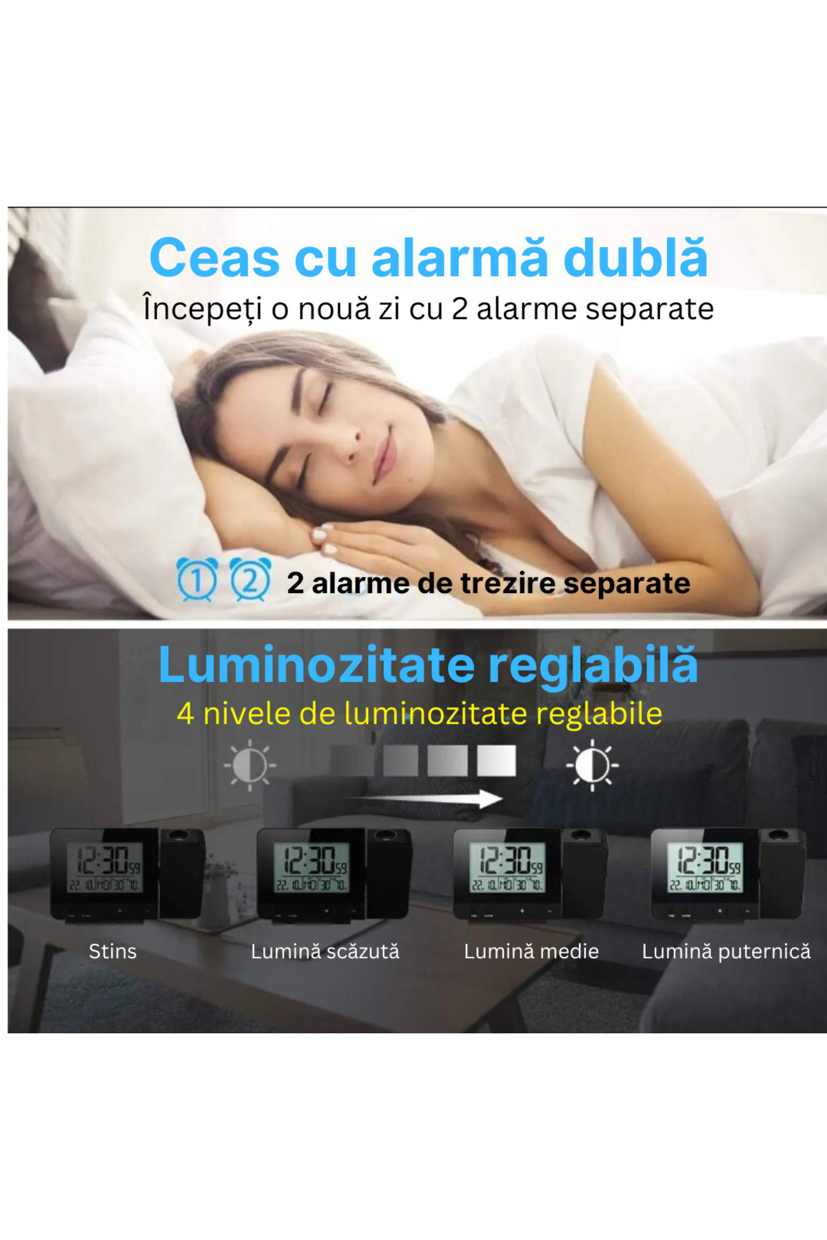 MILARIS-MILARIS® electronic projection clock, Temperature display, Humidity display, Snooze alarm 5