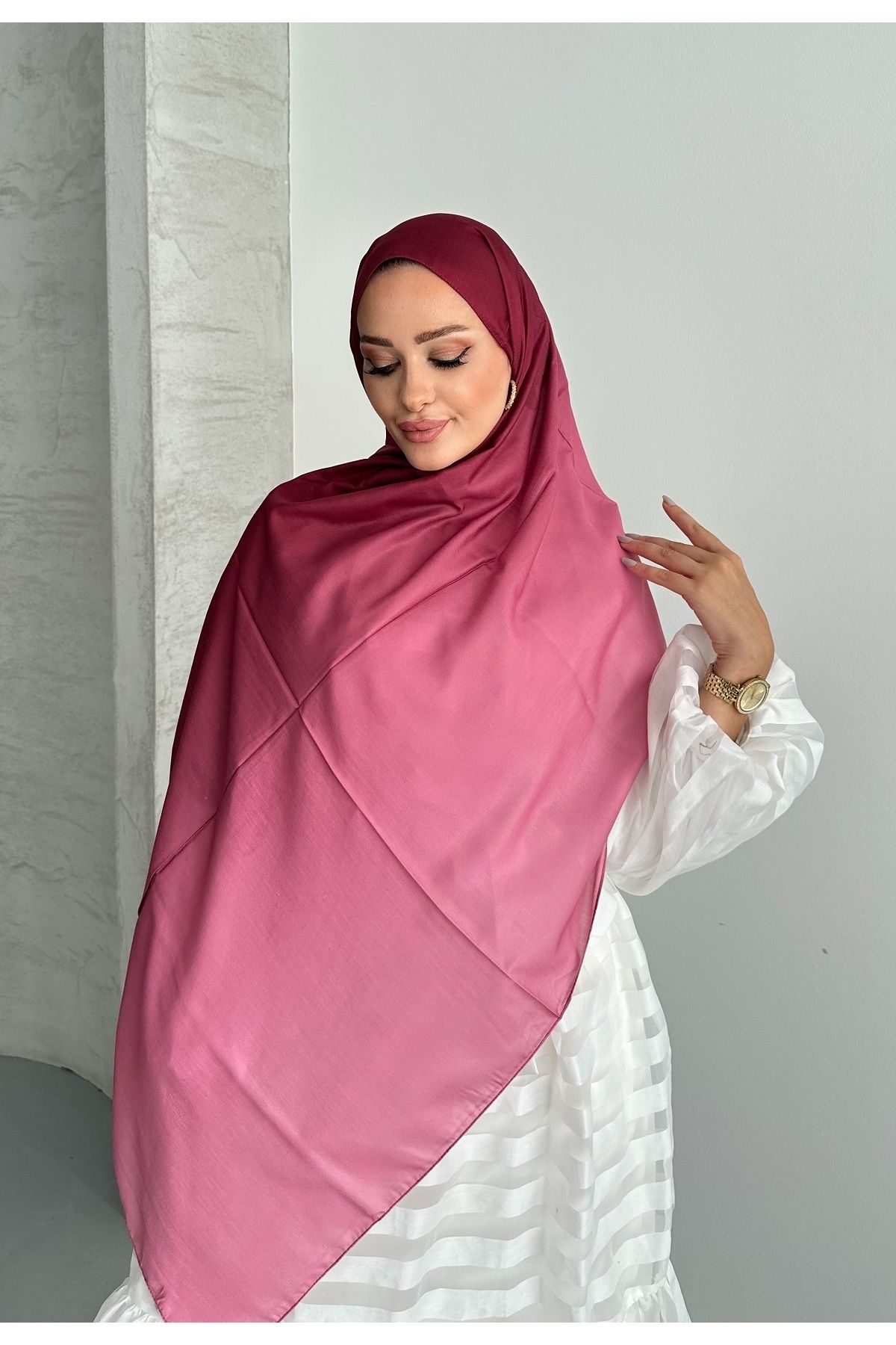 Stella Eşarp-Aural Pink-Claret Red Gradient Pattern Soft Cotton Shawl 6