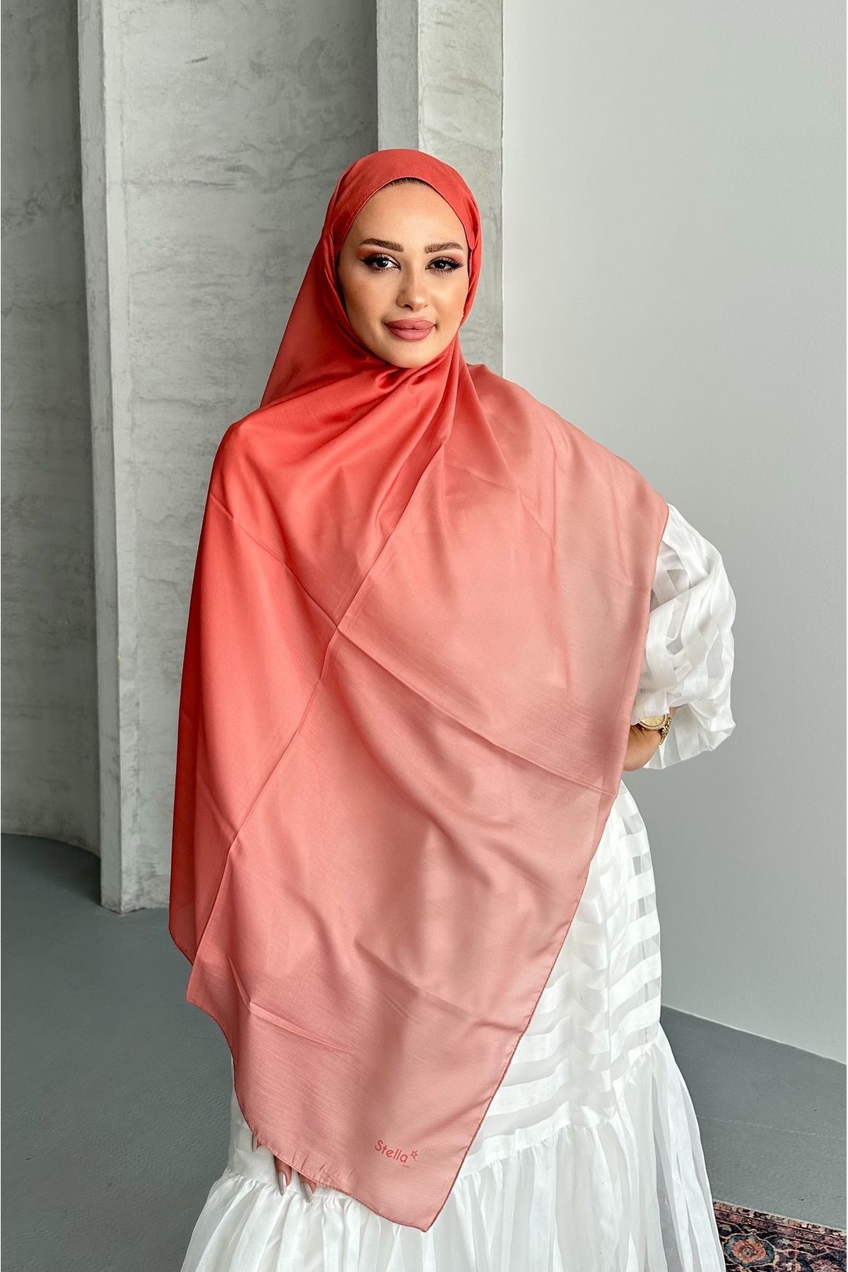 Stella Eşarp-Aural Salmon Color Gradient Pattern Soft Cotton Shawl 4