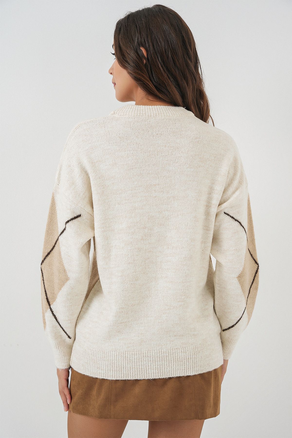 Bigdart-15895 Diamond Patterned Oversize Knitwear Sweater - Ecru 6