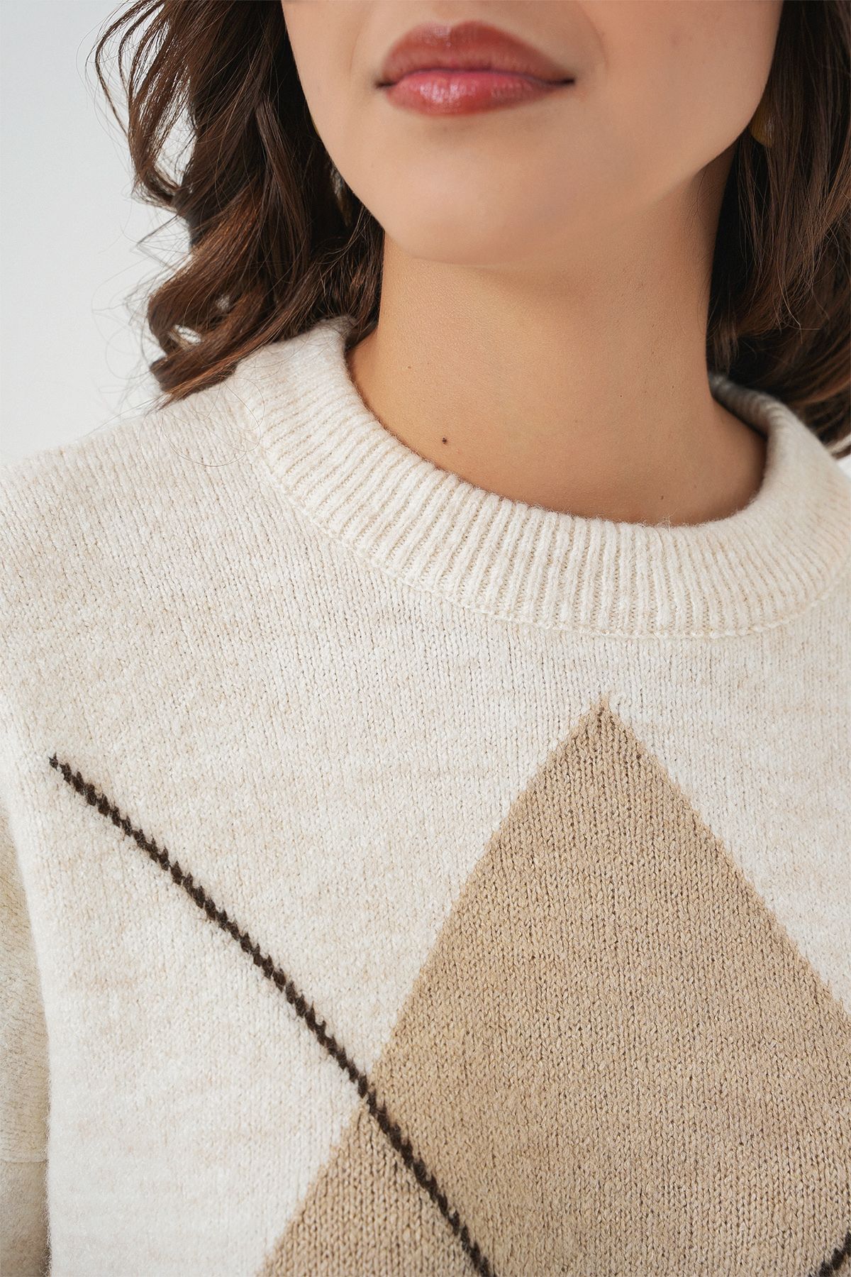 Bigdart-15895 Diamond Patterned Oversize Knitwear Sweater - Ecru 5