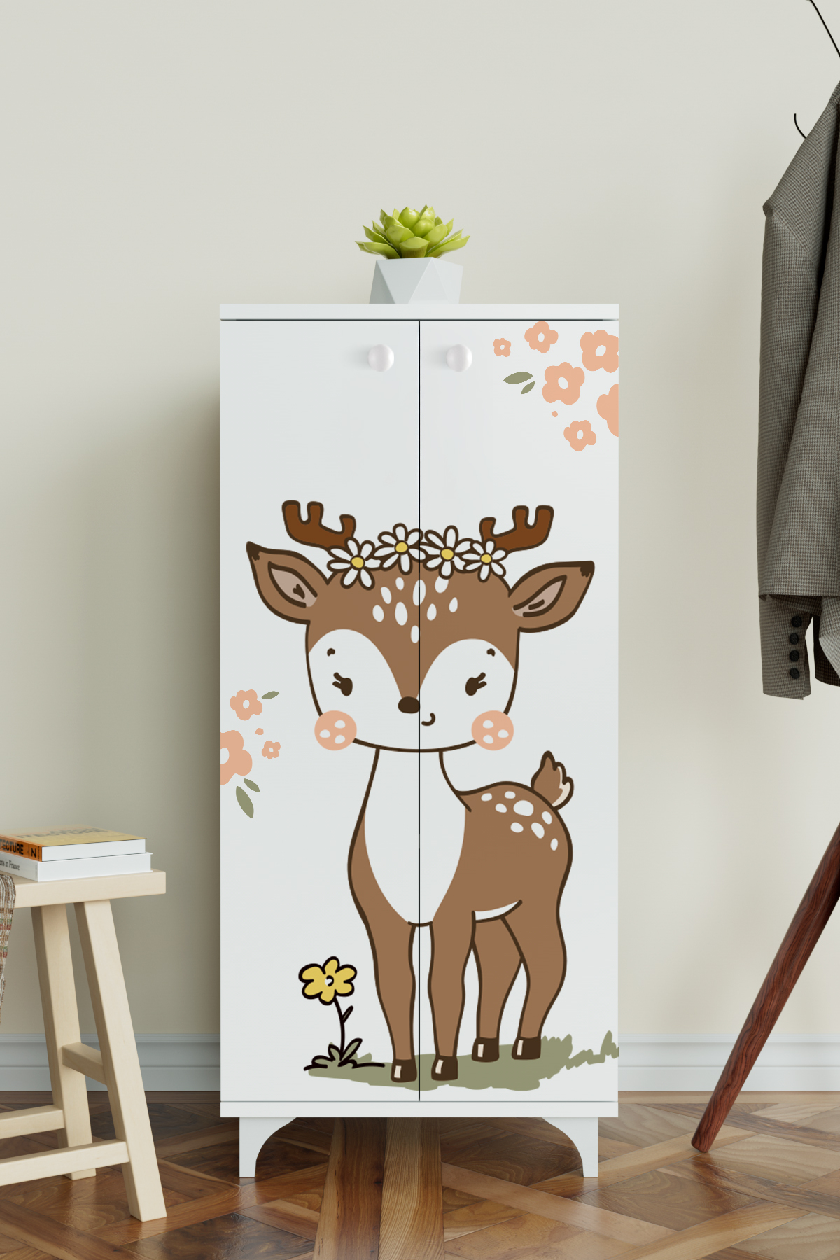 Hediyeler Kapında Little Fawn 3 Raflı Çocuk Odası Dolabı Çok Amaçlı Baskılı Oyuncak Dolabı Beyaz fotoğrafı 3 (önizleme)