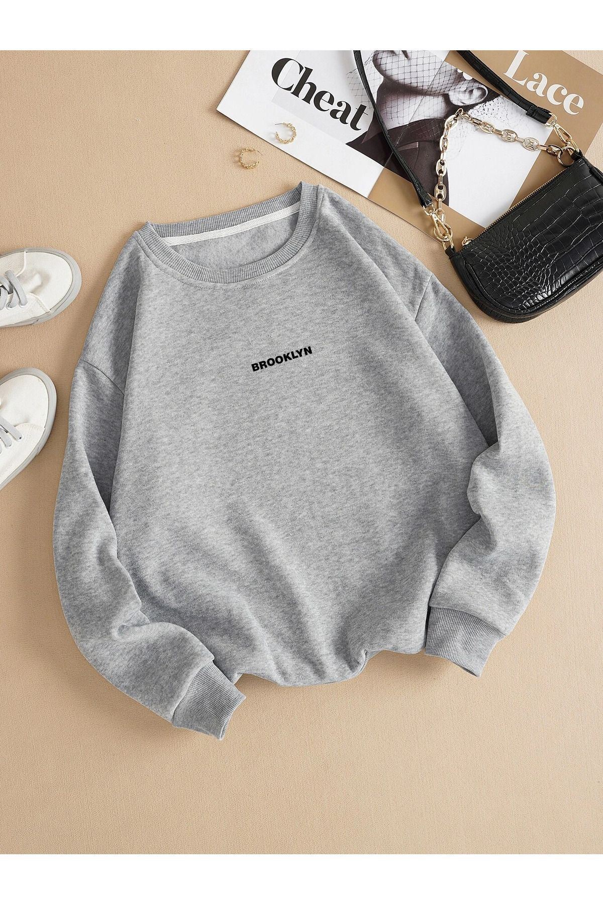 DUBU BUTİK  Brooklyn Minimal Sweatshirt - Gri Baskılı Oversize Kalın Kışlık Bisiklet Yaka