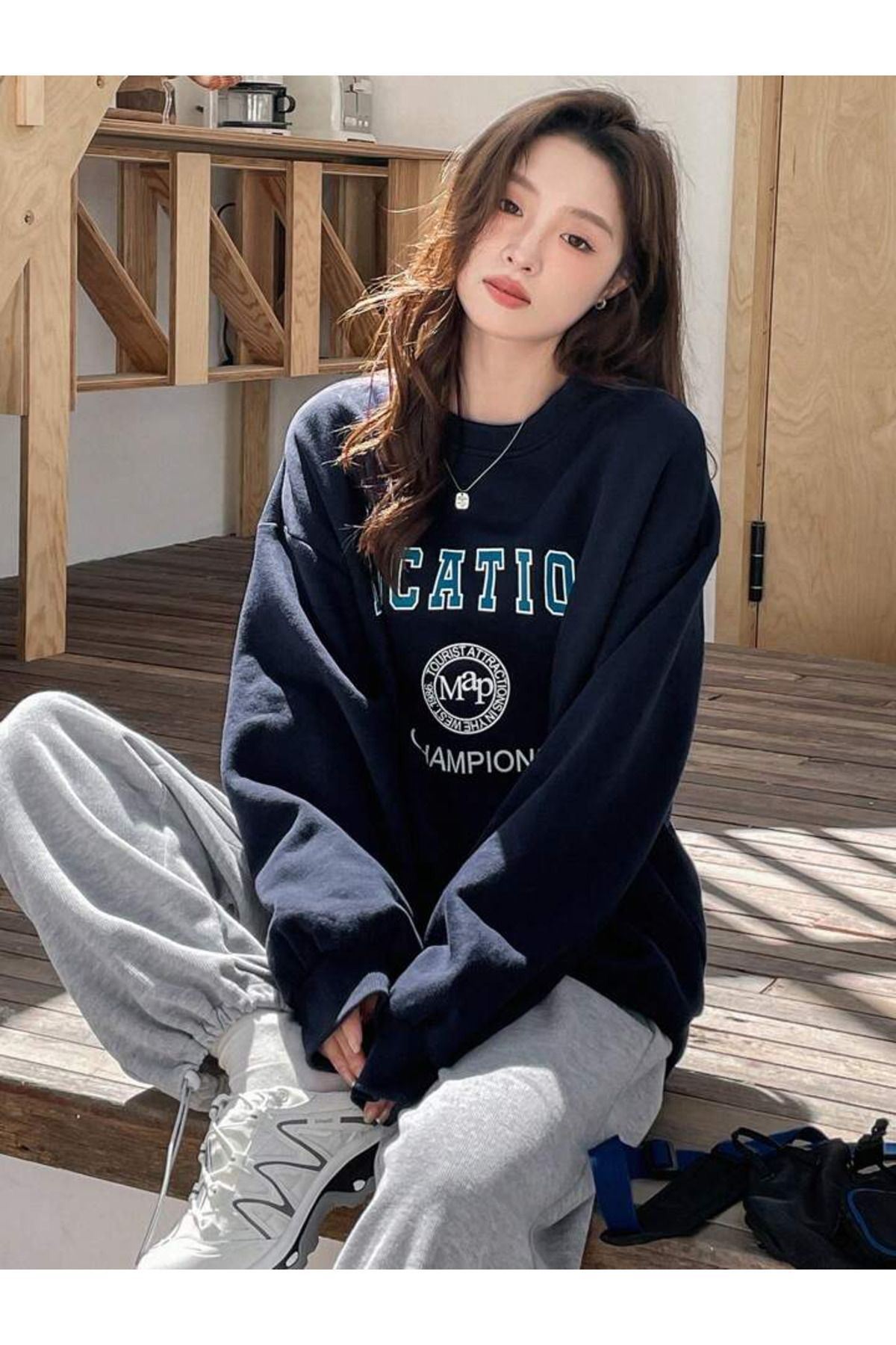 CLAYES  Location Champions Sweatshirt - Lacivert Baskılı Oversize Kalın Kışlık Bisiklet Yaka - Görsel 5