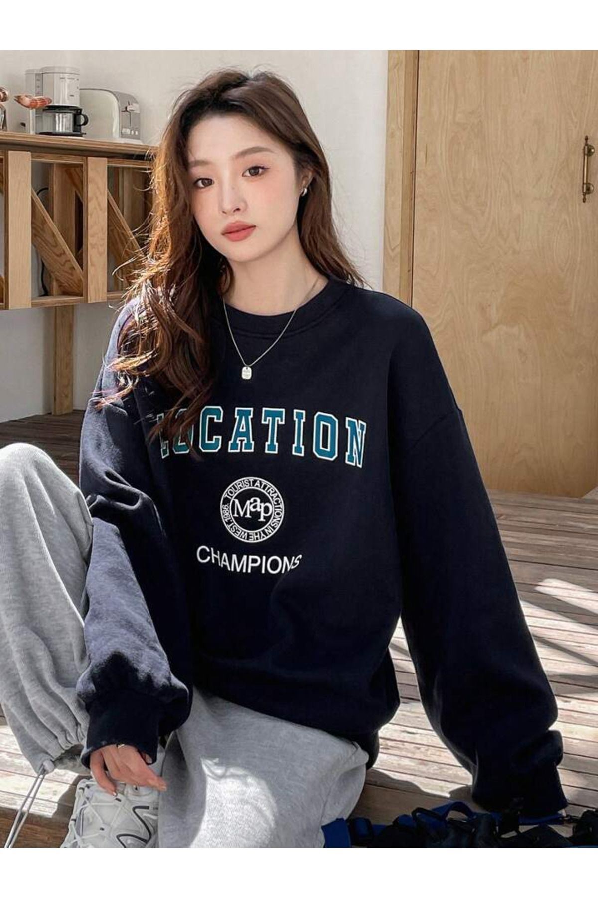 CLAYES  Location Champions Sweatshirt - Lacivert Baskılı Oversize Kalın Kışlık Bisiklet Yaka - Görsel 4