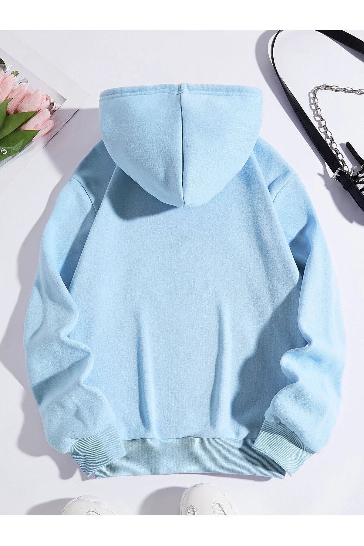 CLAYES Düz Basic Sweatshirt - Bebe Mavisi Oversize Kapüşonlu fotoğrafı 2 (önizleme)