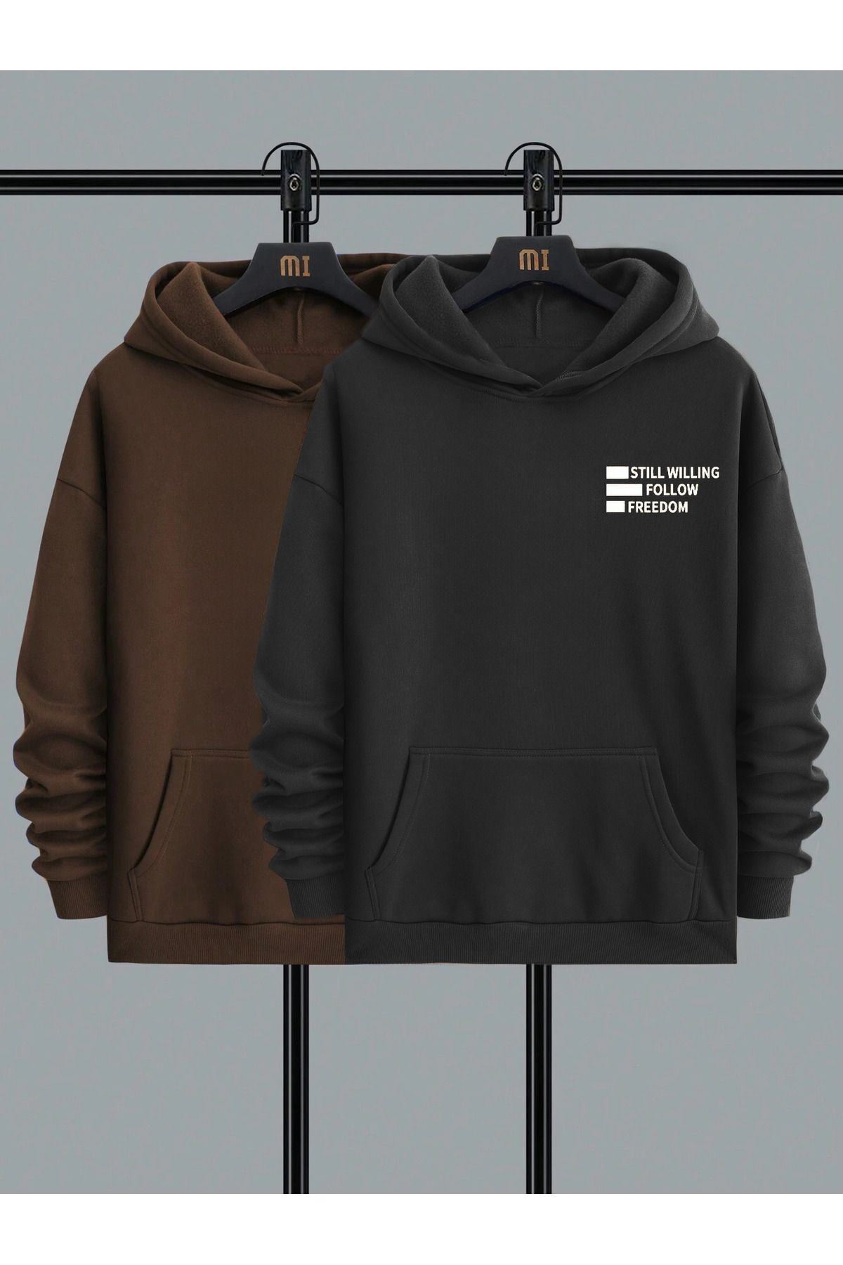 2pcs Still Freedom Thick Winter Sweatshirt - Black Brown Printed Oversized Hoodie