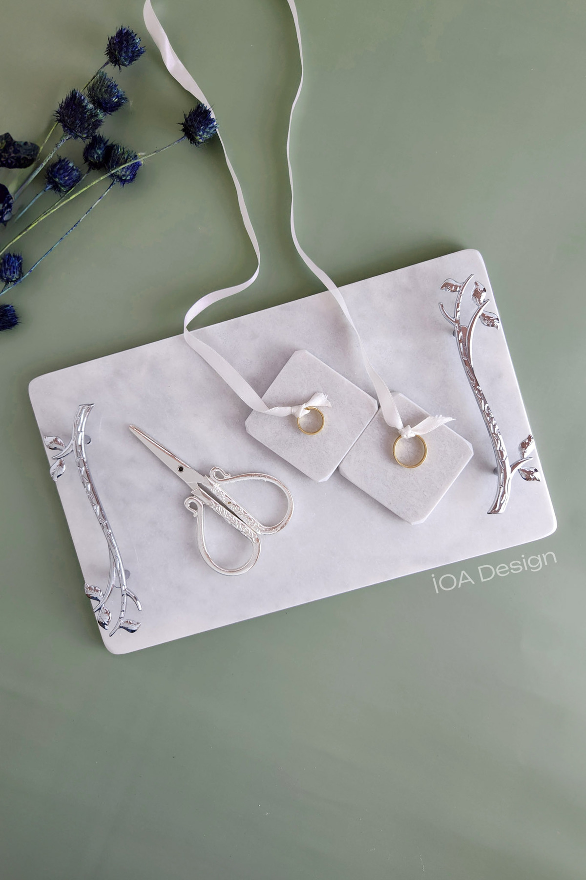 ioadesign Akasya - Gerçek Ince Mermer Söz/nişan Tepsisi (32X20 CM) Makas 2 Adet Çıkarılabilir Yüzüklük