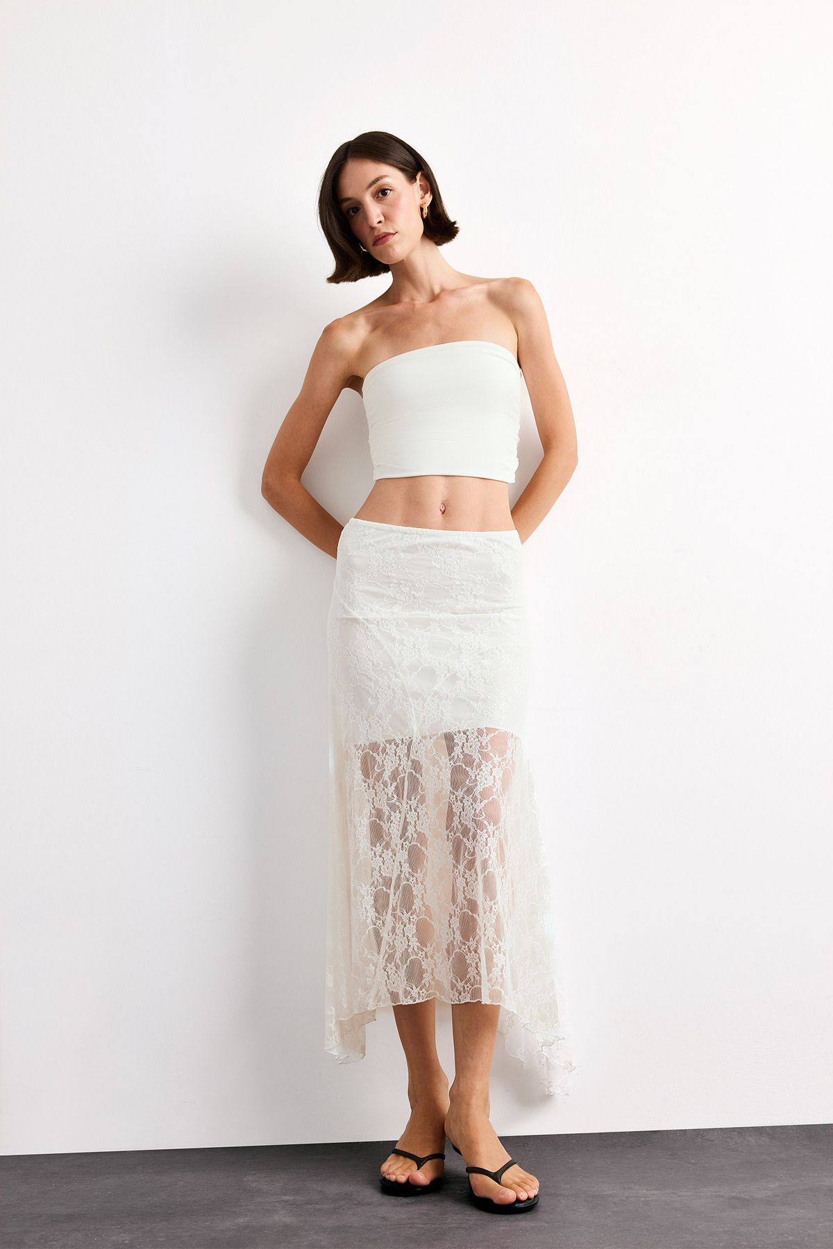 DeFacto-Elastic Waist Half Lining Lace Midi Skirt F8041Ax25Sm 3