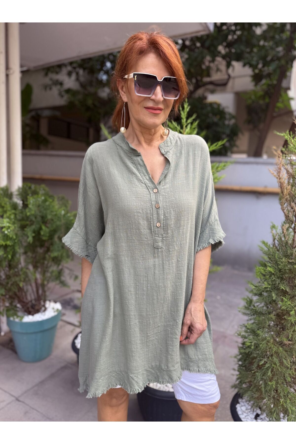 DenizEge-Italian Tasseled Linen Textured Dress Khaki 2