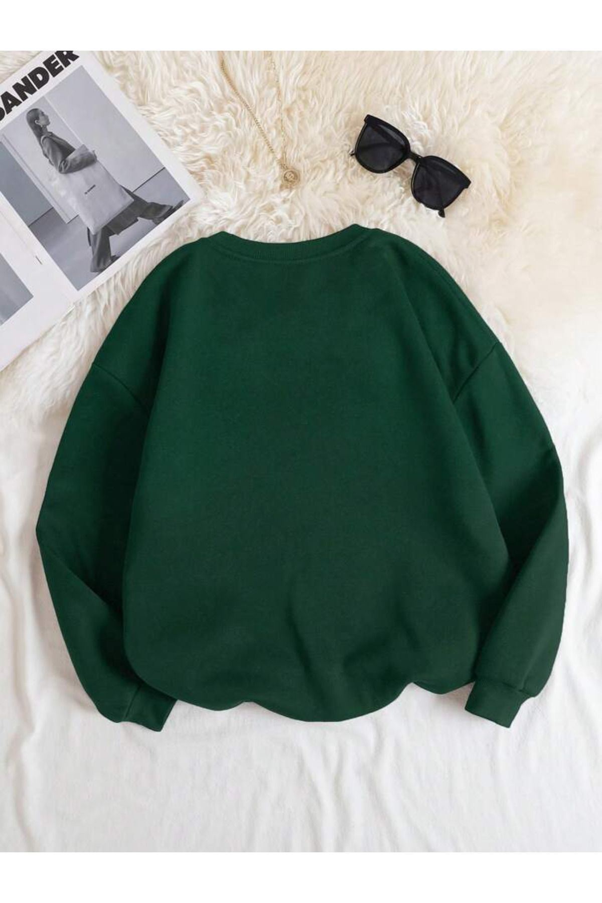 DUBU BUTİK  Perseverance Artist Sweatshirt - Yeşil Baskılı Oversize Kalın Kışlık Bisiklet Yaka - Görsel 2
