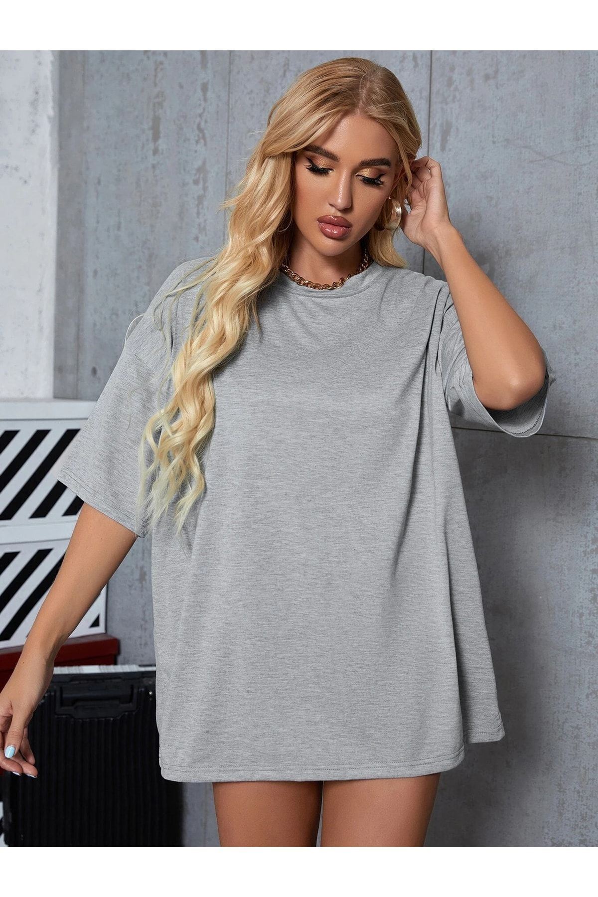CLAYES Gri Basic Düz Baskısız Oversize Salas Boyfriend Kadın T-shirt