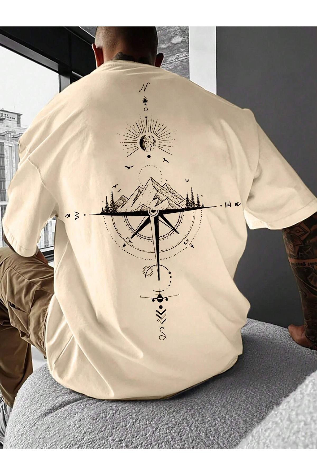 Compass Single Jersey T-Shirt- Beige Printed Oversized Crew Neck Short Sleeve T-Shirt