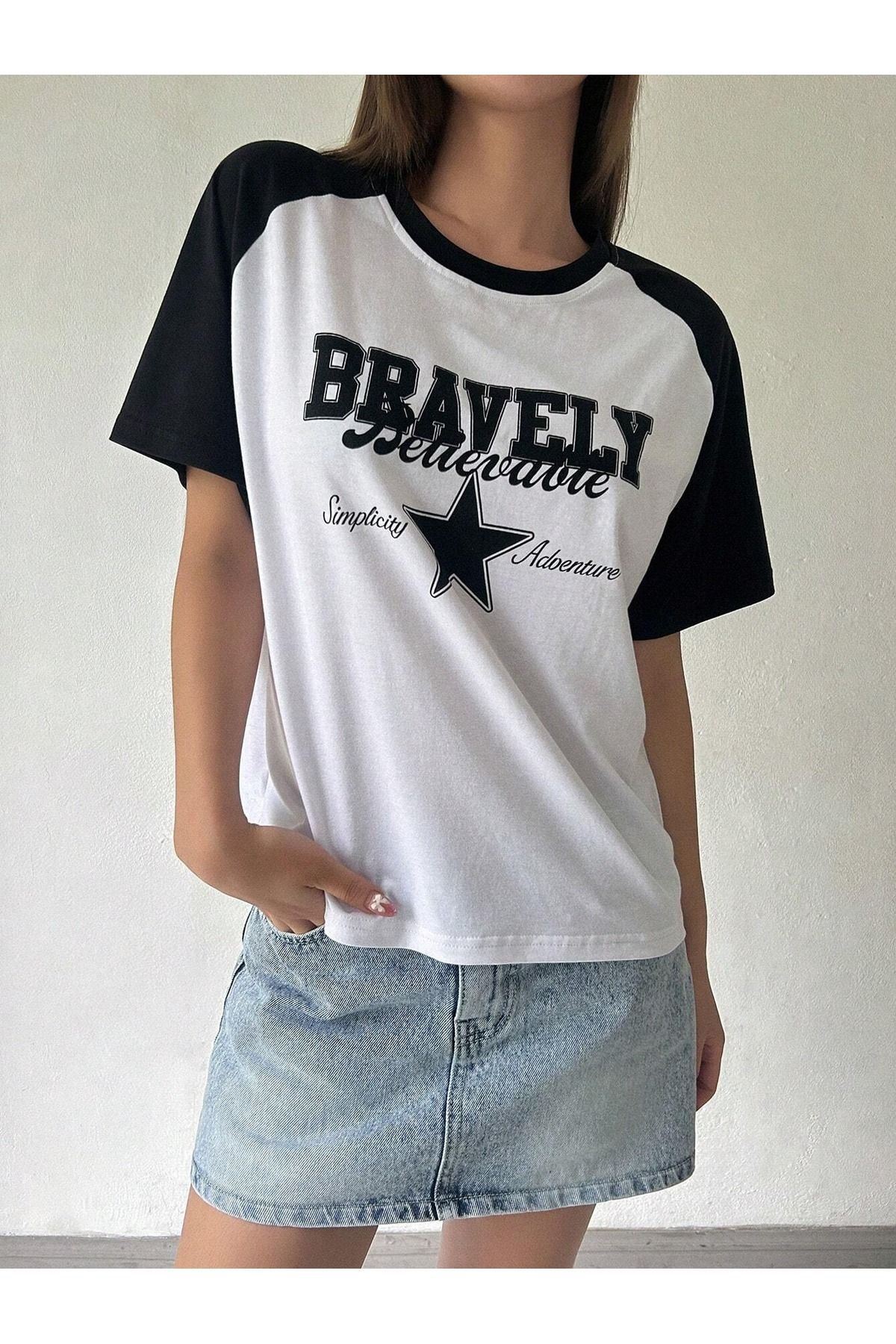 CLAYES  Bravelly Yıldız Parçalı Süprem T-Shirt - Beyaz Siyah Oversize Bisiklet Yaka Kısa Kol Tişört - Görsel 3