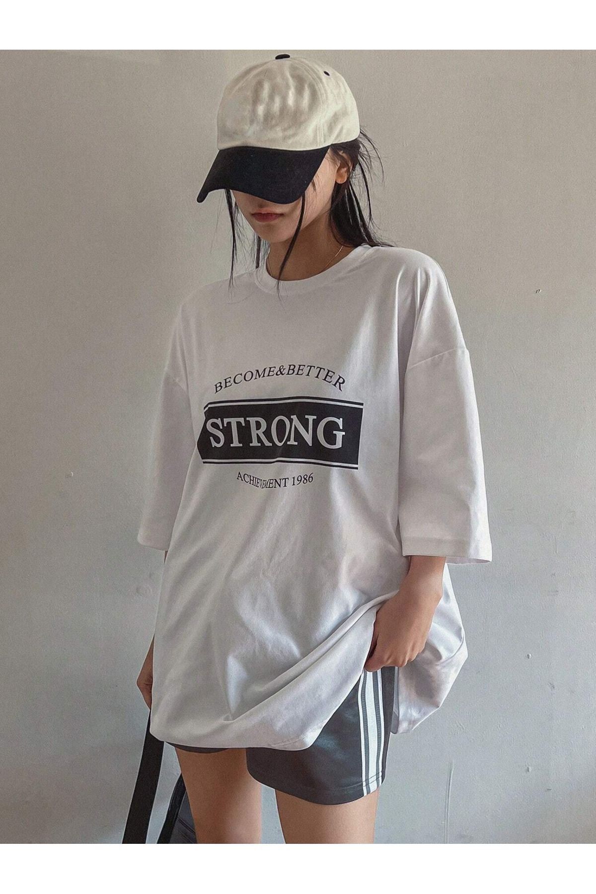 CLAYES-Tricou Strong Single Jersey - Tricou cu mânecă scurtă oversize cu decolteu triplu cu imprimeu alb 4