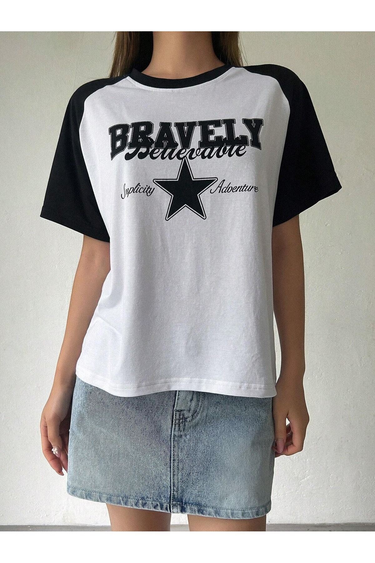 CLAYES  Bravelly Yıldız Parçalı Süprem T-Shirt - Beyaz Siyah Oversize Bisiklet Yaka Kısa Kol Tişört