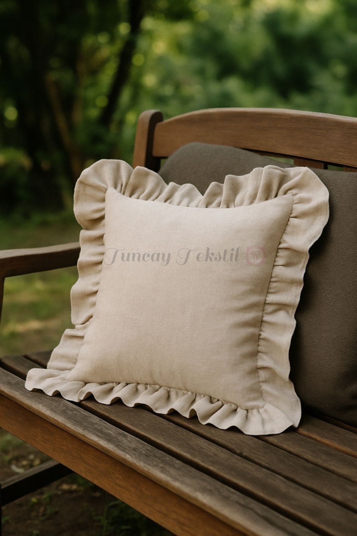 TUNCAY TEKSTİL-100% Natural Linen - Frilly Throw Pillow Cover 1