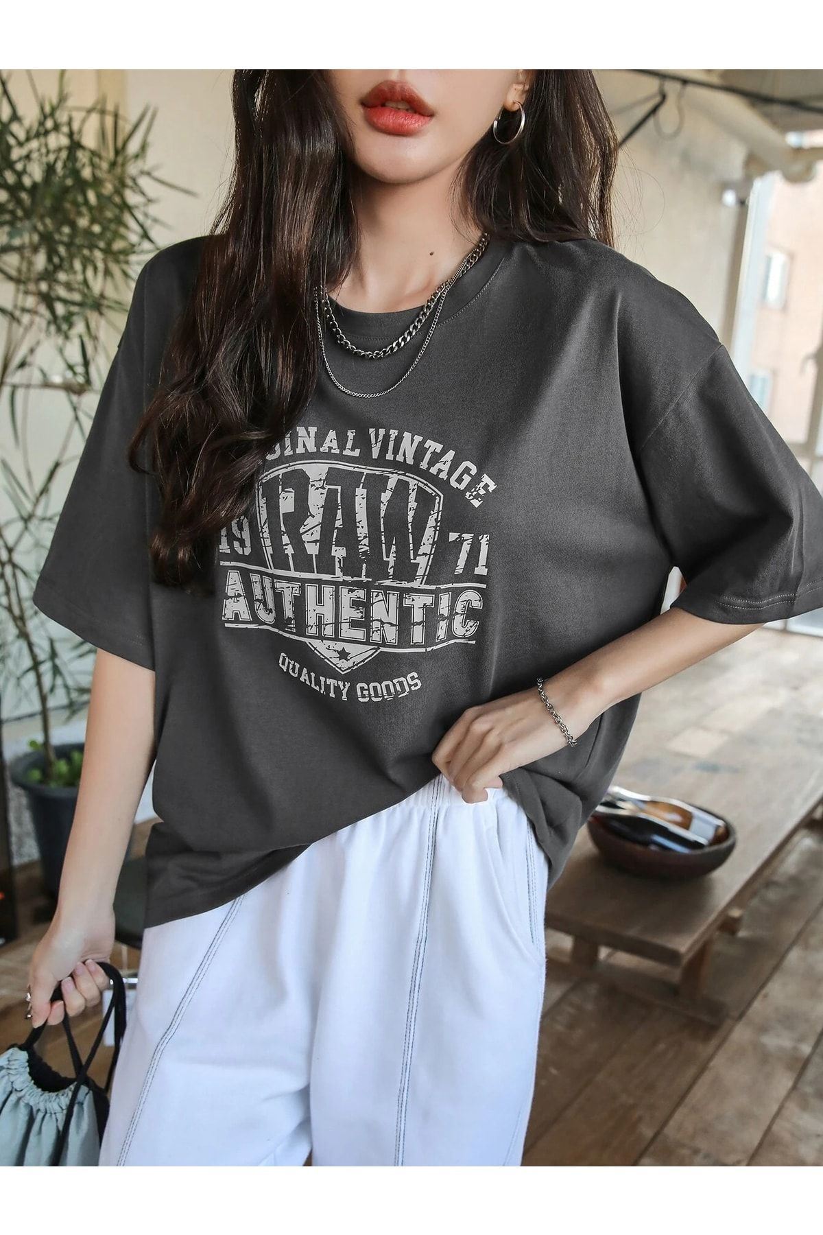 CLAYES Füme Oversize Authentic T-shirt - Oversize Baskılı görsel 6