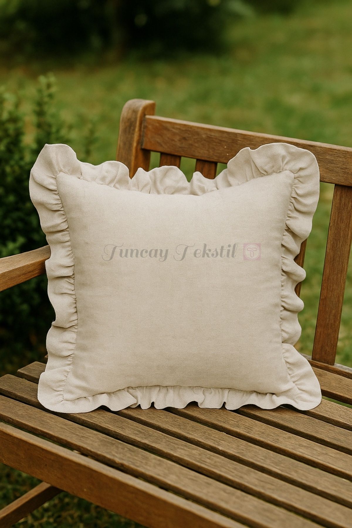 TUNCAY TEKSTİL-100% Natural Linen - Frilly Throw Pillow Cover 3