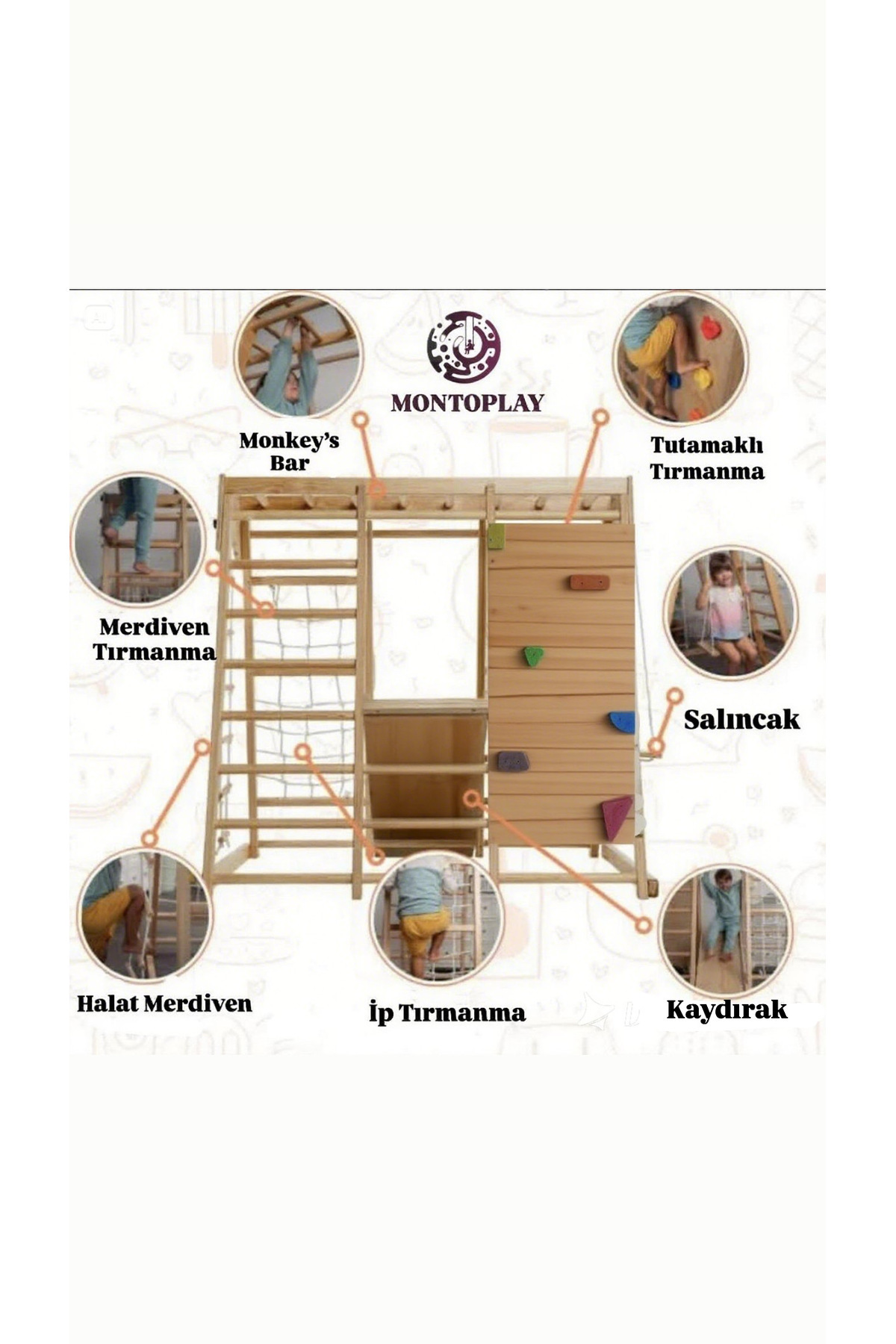 MONTOPLAY Montessori 3'lü Oyun Parkuru | Salıncak | Kaydırak | Monkeys Bar | Halat Merdiven | Ip Tırmanma fotoğrafı 5 (önizleme)