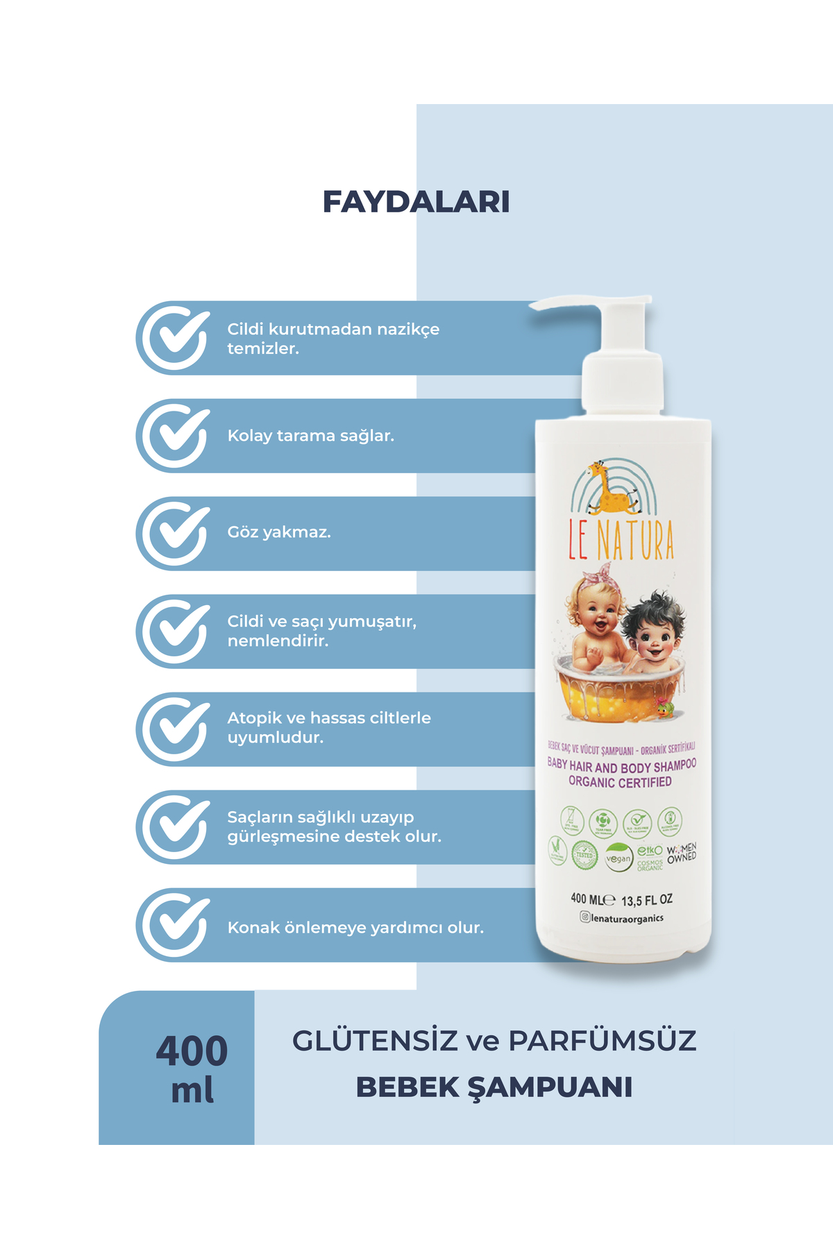 LE NATURA Bebek Saç & Vücut Şampuanı-400 ml- Organik & Vegan, Parfümsüz, Hassas & Atopik Ciltler Için Uygun fotoğrafı 3 (önizleme)