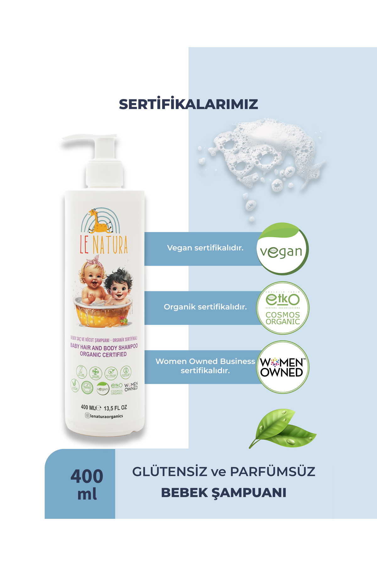 LE NATURA Bebek Saç & Vücut Şampuanı-400 ml- Organik & Vegan, Parfümsüz, Hassas & Atopik Ciltler Için Uygun fotoğrafı 4 (önizleme)