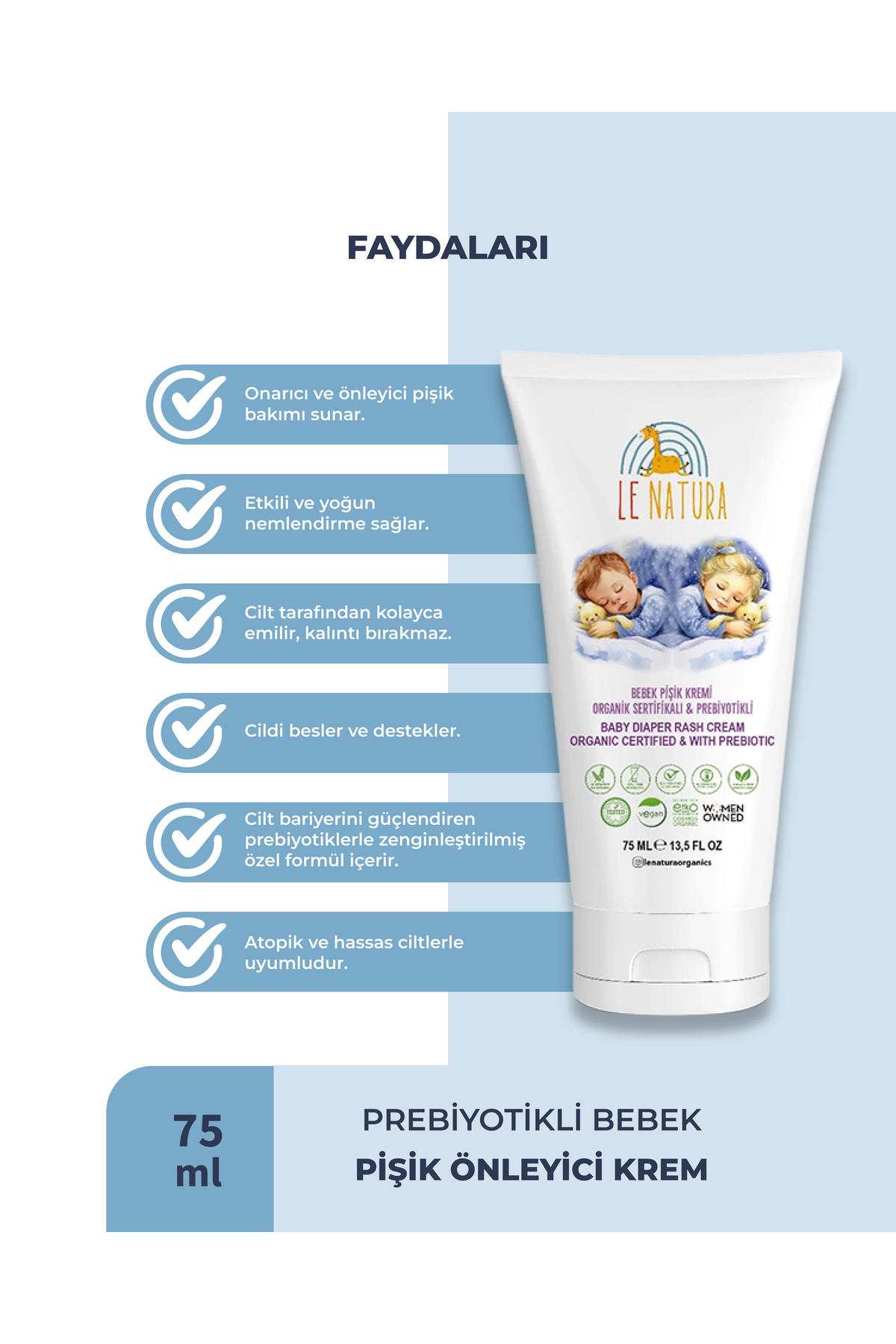 LE NATURA Prebiyotikli Pişik Kremi – 2x 75 ml , Cilt Bariyeri Güçlendirici, Atopik, Hassas ve Yenidoğan Uyumlu fotoğrafı 3 (önizleme)