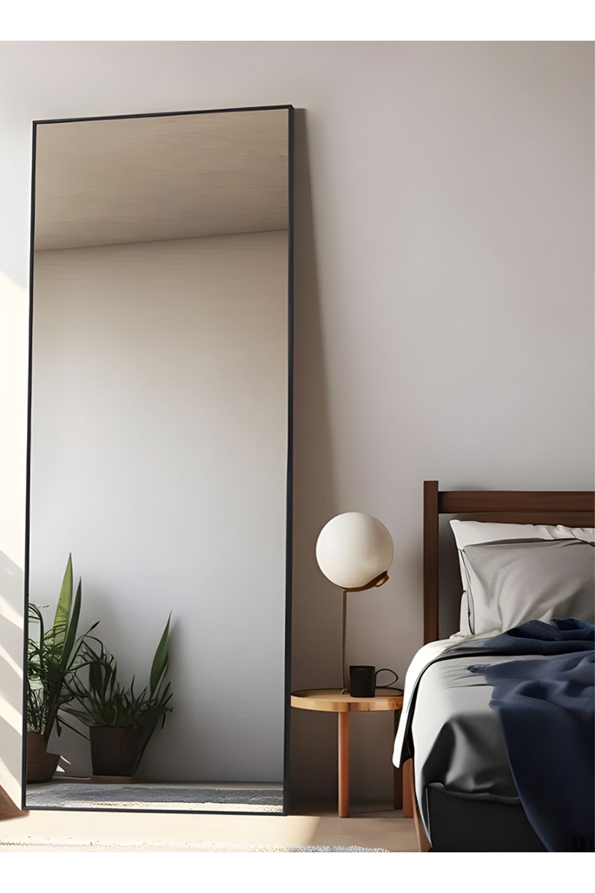 Taimi-Large Mirror With Elegant Design 155x45 Cm-full Length Mirror With Black Metal Frame And Back Stand 3