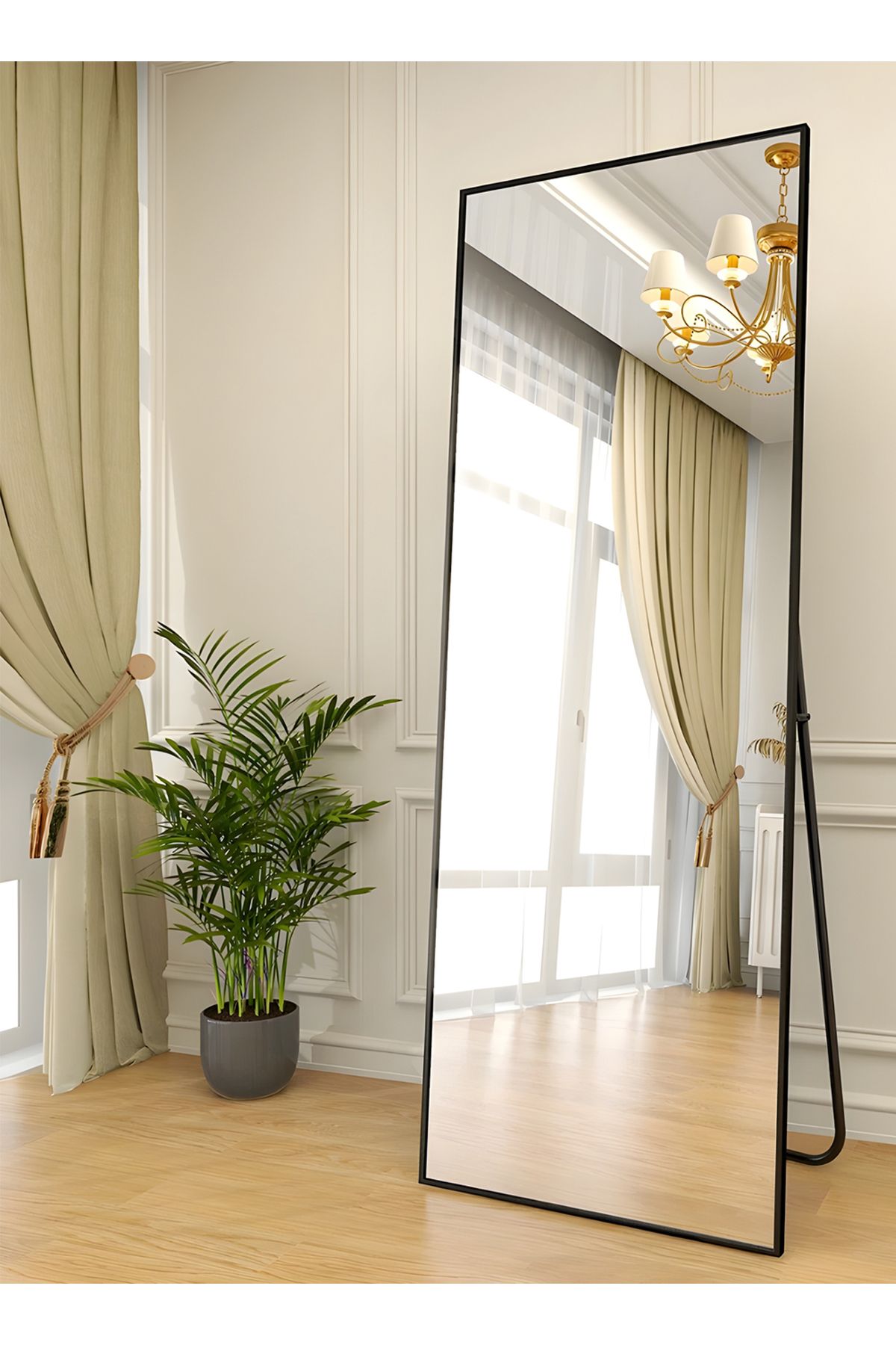Taimi-Large Mirror With Elegant Design 155x45 Cm-full Length Mirror With Black Metal Frame And Back Stand 5