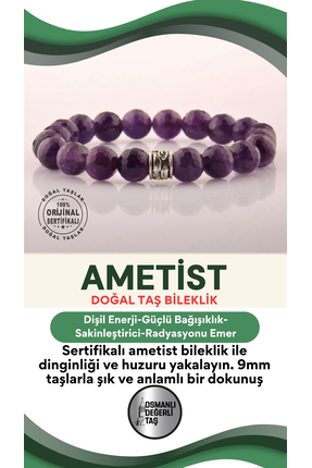 OSMANLI DEĞERLİ TAŞ Sertifikalı Ametist Doğal Taş Bileklik 9mm