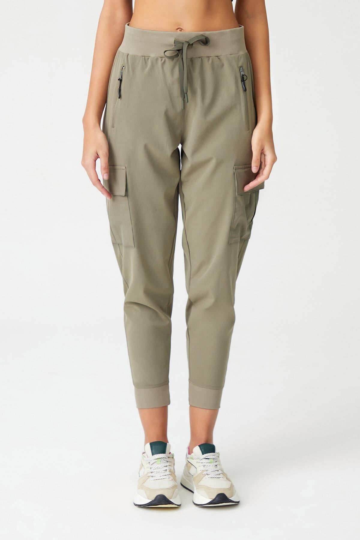 Los Ojos-Khakifarbene Cargo-Jogginghose für Damen mit Taschen, elastischem Bund und Cargo-Beinen 2