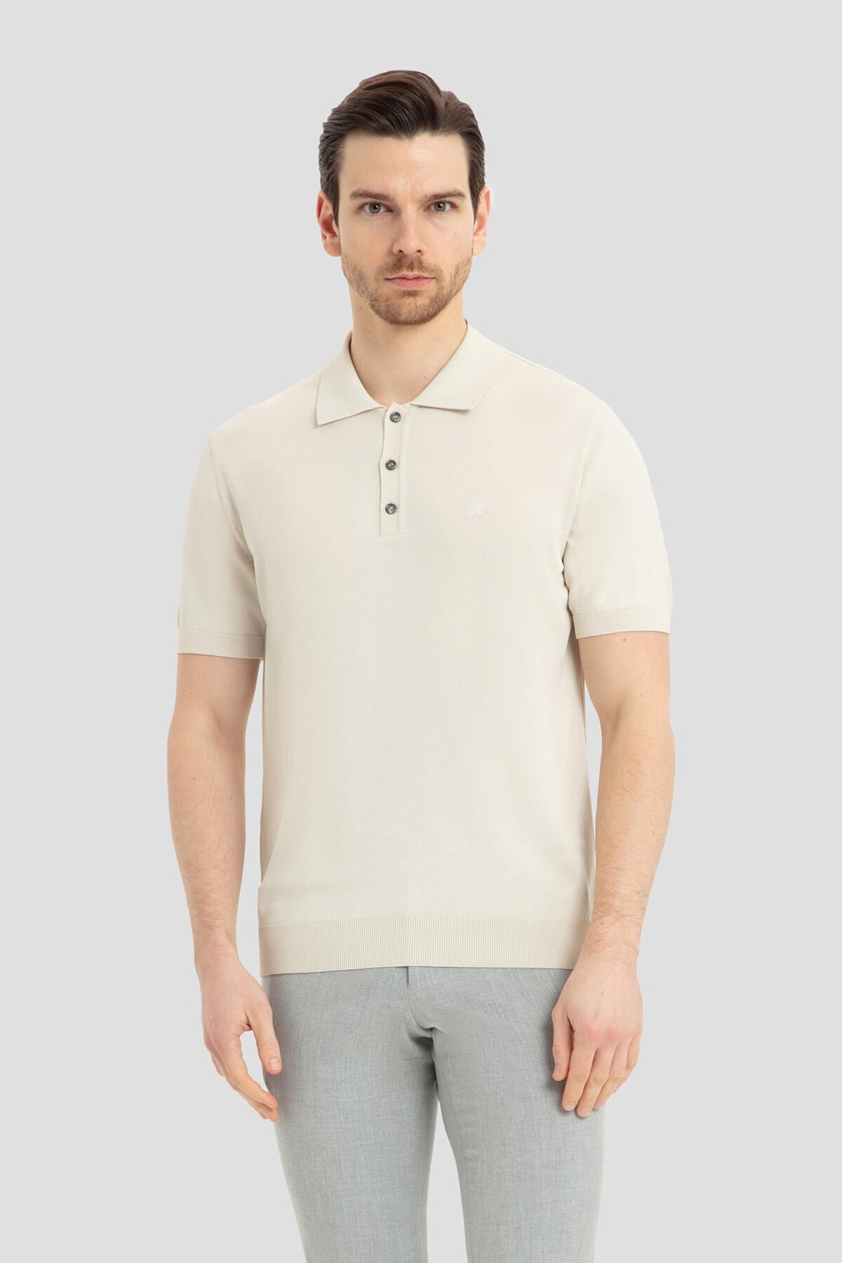 Polo Neck Buttoned Knitwear Men's T-Shirt Beige