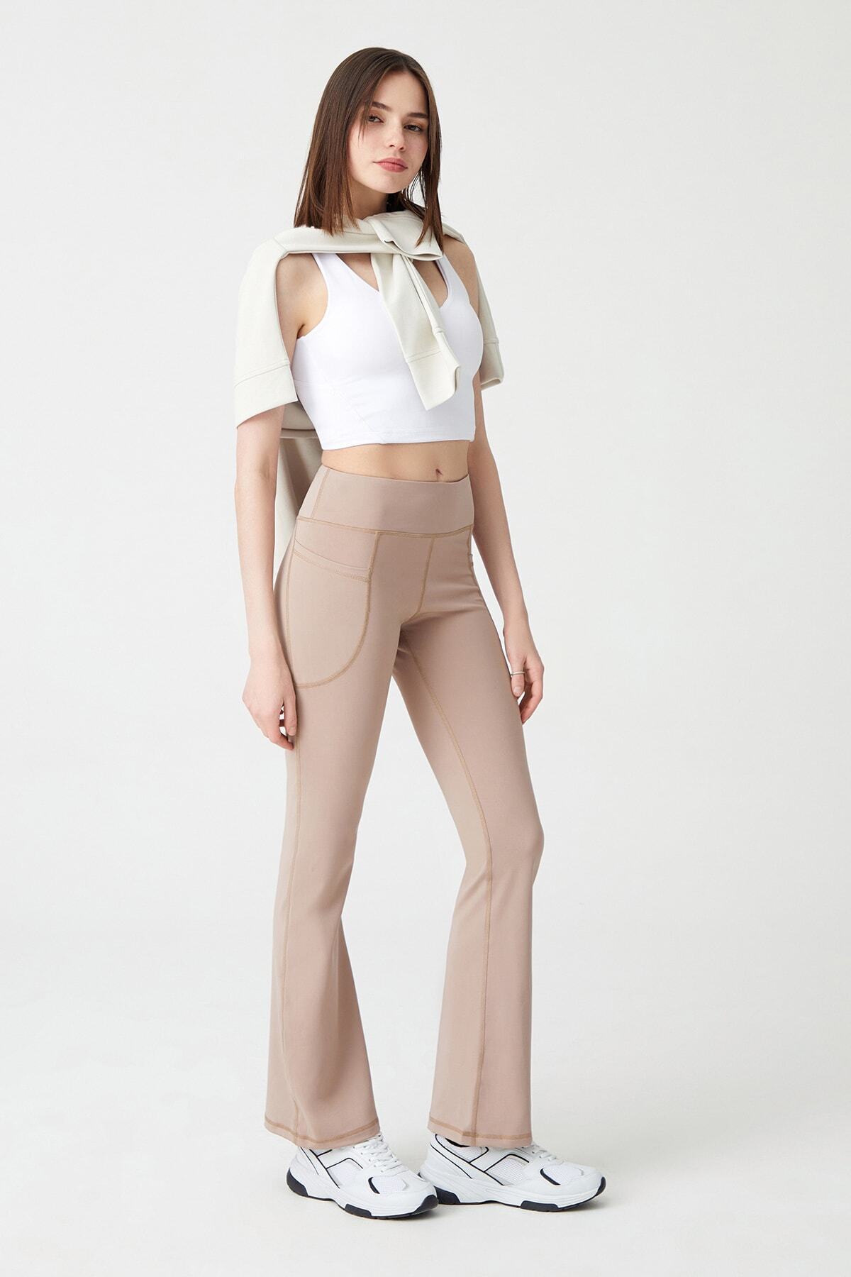 Los Ojos-Beigefarbene, glättende Bootcut-Strumpfhose mit hoher Taille und ausgestelltem Bein und doppelter Tasche 5