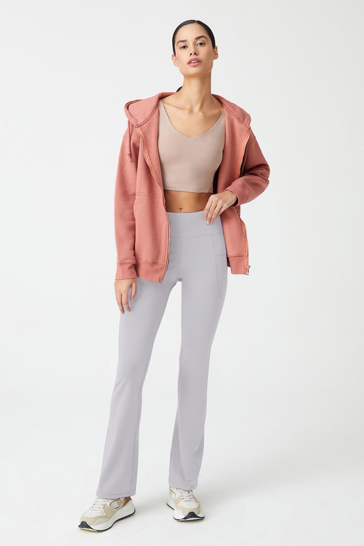 Los Ojos  Kadın Gri Yüksek Bel Toparlayıcı Çift Cepli İspanyol Paça Tayt Bootcut - Görsel 7